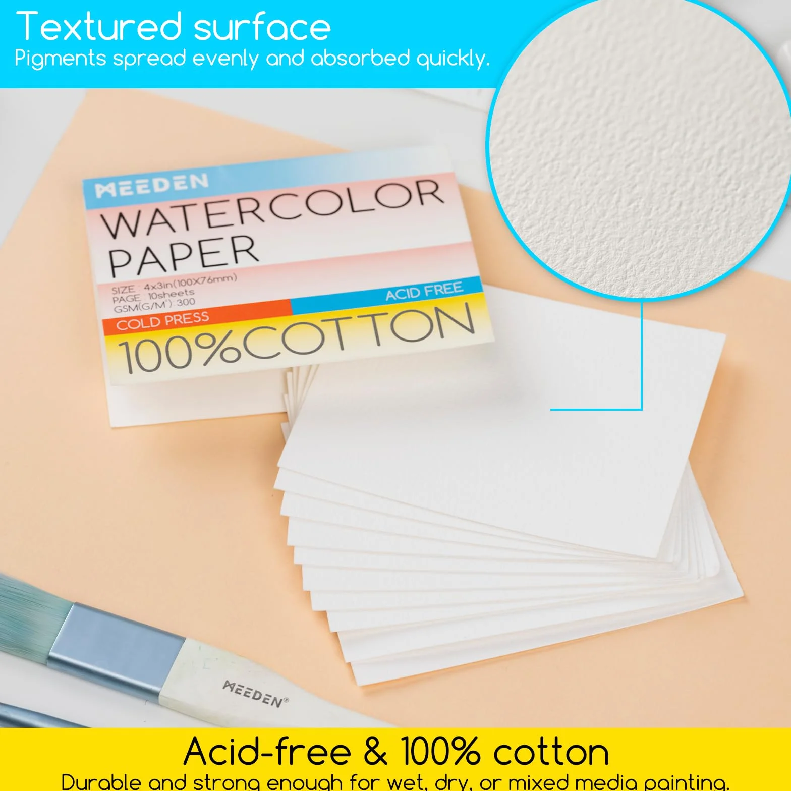 MEEDEN 10 x 7,6 cm puste kartki z papieru akwarelowego, 50 szt. mini papier akwarelowy Cold Press w bulk, 100% bawełna, pocztówki do akwareli dla dorosłych i studentów (140lb/300gsm), 5×10 arkuszy
