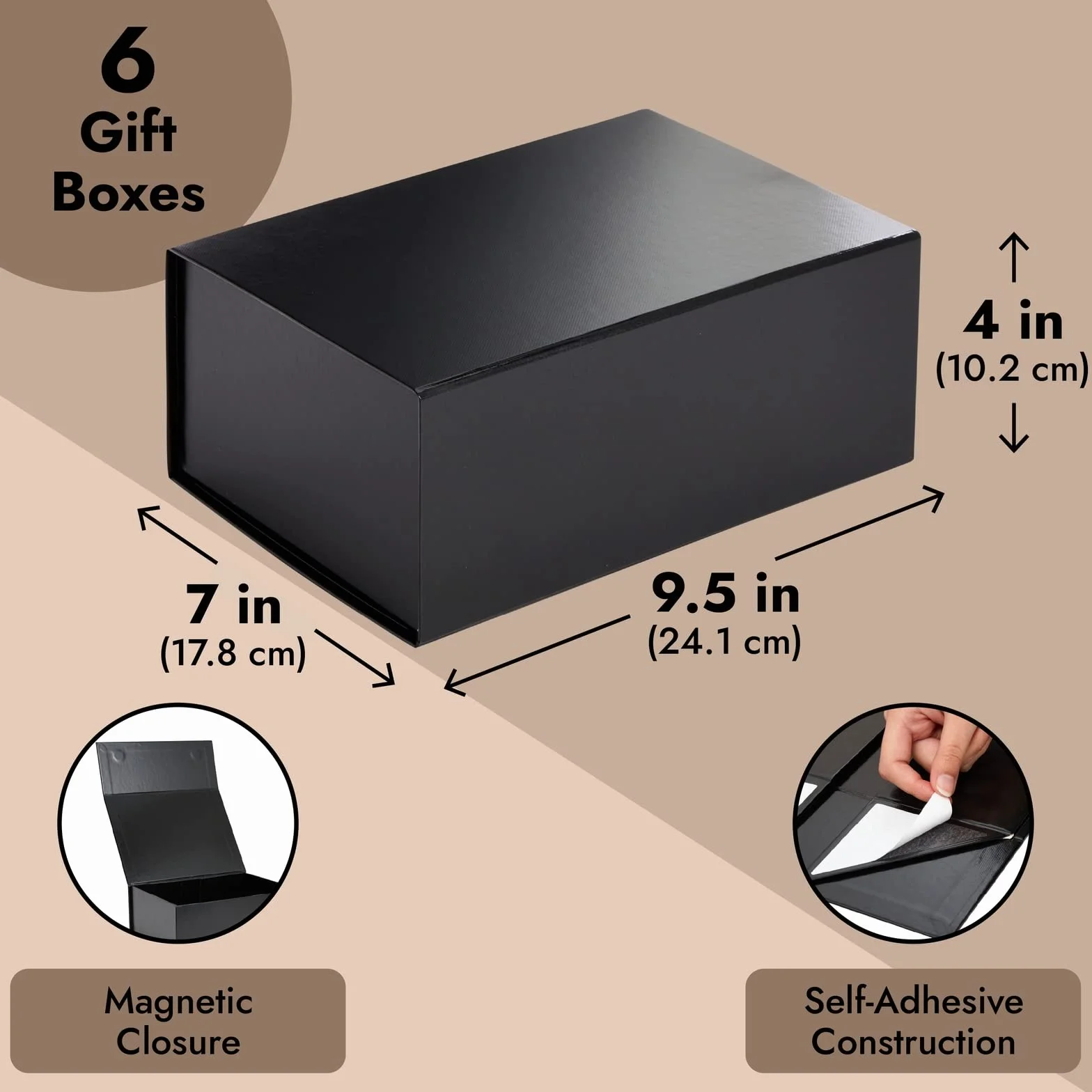Stockroom Plus 6 magnetycznych pudełek na prezenty z pokrywkami, 25 x 18 x 10 cm, na urodziny, ślub, dla drużby i druhny, błyszczące czarne