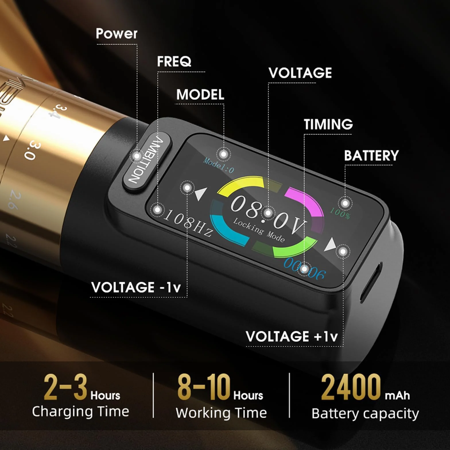 Ambition Seher Bezprzewodowa maszynka do tatuażu z 6 pociągnięciami Długość 2,2 mm–4,2 mm Obrotowy pistolet do tatuażu Pióro z wkładami dotykowymi 2400 mAh Cyfrowy wyświetlacz LED Silnik bezrdzeniowy