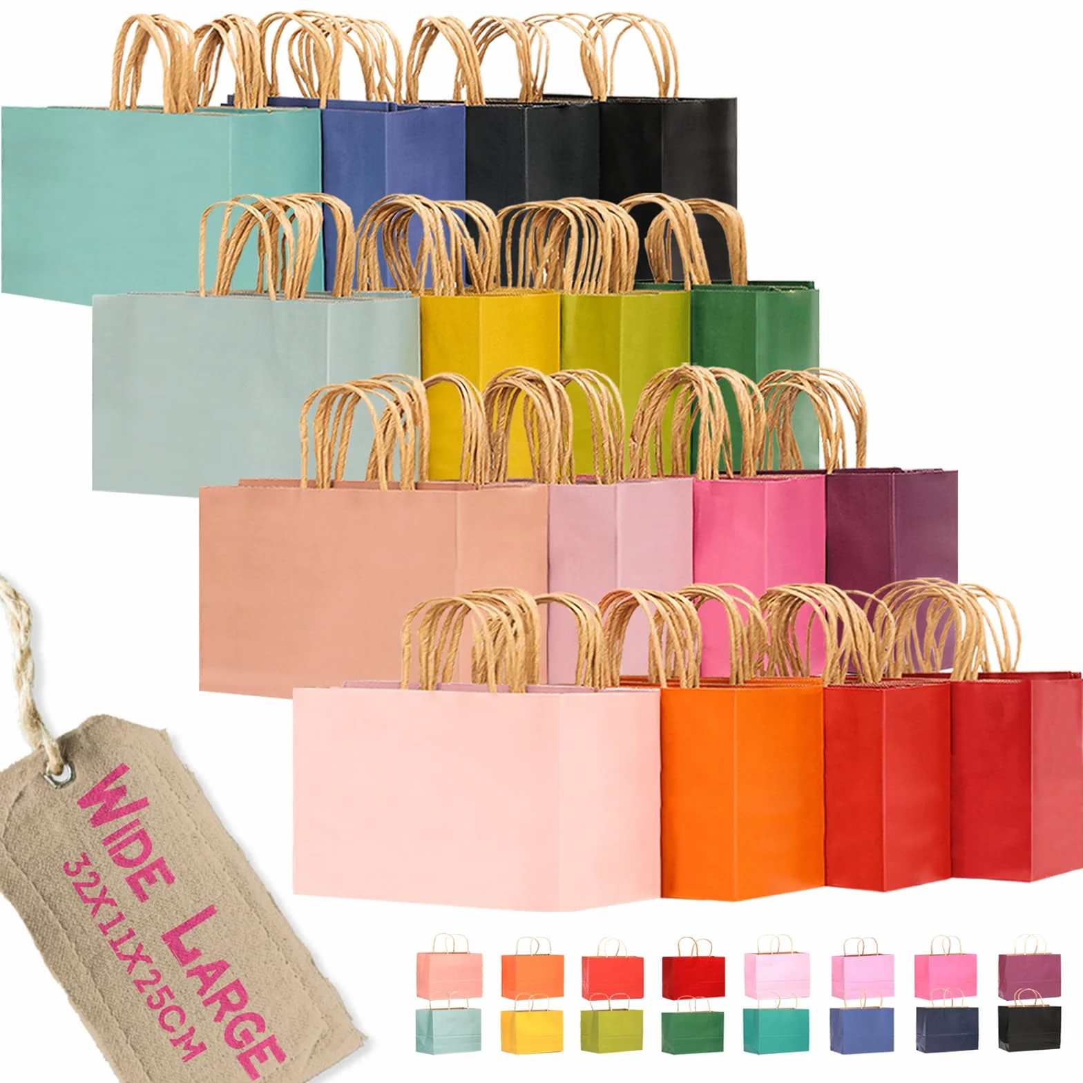 Gcardist 100 sztuk dużych torebek na prezenty z papieru z uchwytami – 32 cm × 11 cm × 25 cm, torebki na imprezę z papieru kraft – 16 jednolitych kolorów