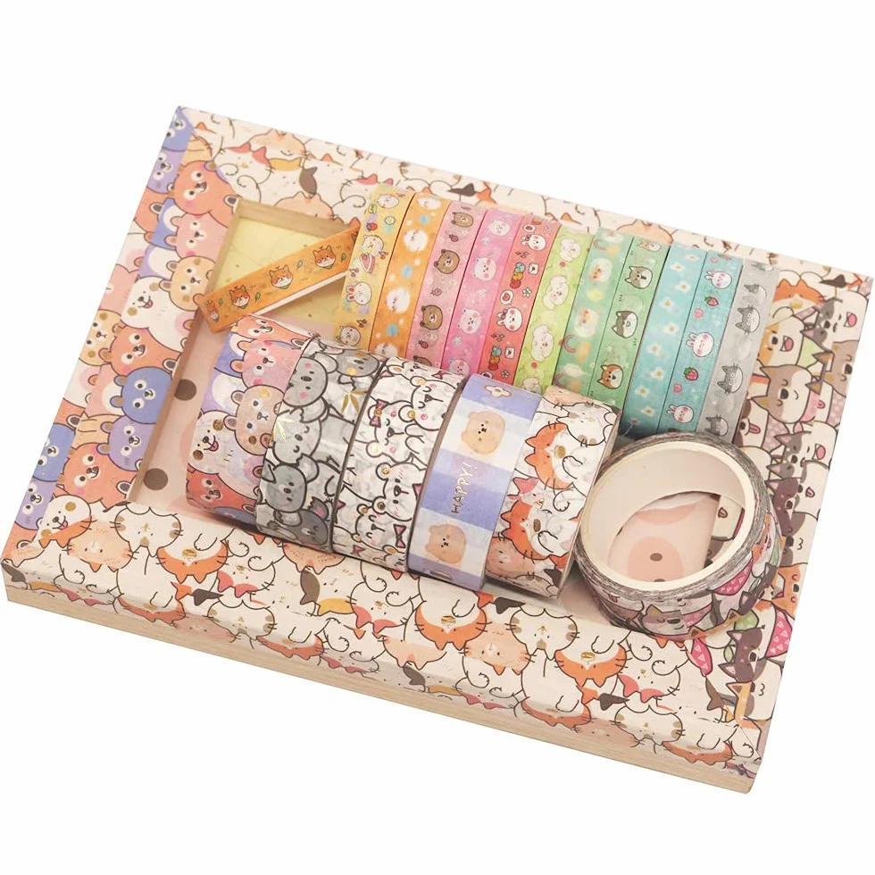 Zestaw uroczych taśm Washi, 18 rolek, złote zdobienie, kawaii, dekoracyjne taśmy maskujące do sztuki, rękodzieła, dzienników, planerów, scrapbookingu, pakowania szczeniąt