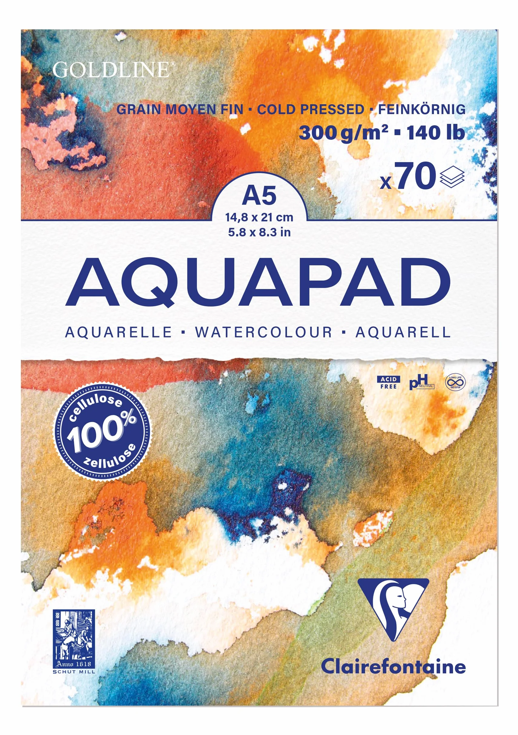Clairefontaine 975720C – Blok klejony Goldline Aquapad – 70 arkuszy papieru akwarelowego biały, średnioziarnisty – A5 (14,8 x 21 cm), 300 g