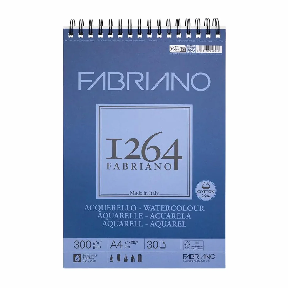 Honsell 19100649 - Fabriano Watercolour blok rysunkowy z wiązaniem spiralnym 1264, 300 g/m², DIN A4, 30 arkuszy naturalnej bieli, satynowany papier o średniej ziarnistości, bezkwasowy, do wszystkich