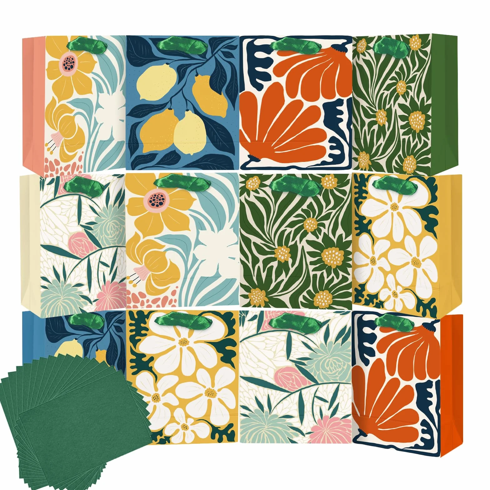 qiqee Clash Flowers papierowe worki prezentowe z uchwytami z bibuły 12 sztuk 6,1 x 12 x 16 cm małe (12 worków + 24 sztuk bibuły)