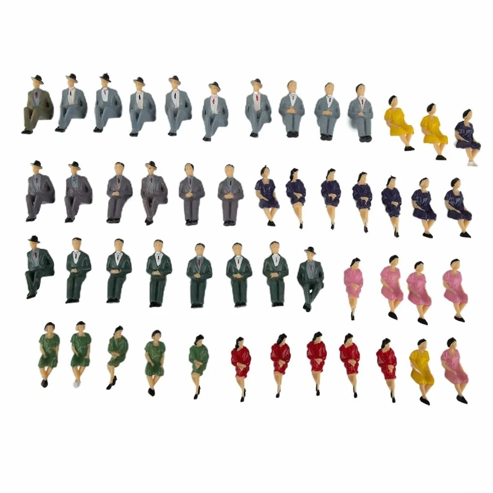Siedzące plastikowe figurki modelarskie, zestaw 50 sztuk, skala 1:32, malowane miniaturowe osoby do architektonicznych i kolejowych układów scen