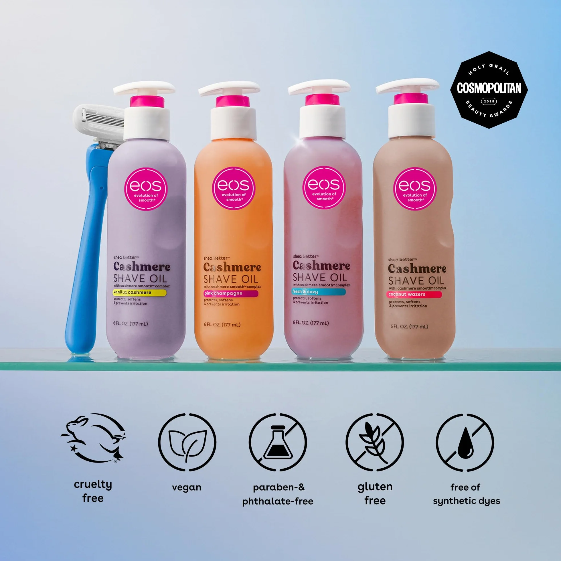 Kolekcja skóry kaszmirowej eos Shave Oil Vanilla Cashmere Scented, całe bikini w okolicy zatwierdzone, 6 fl oz