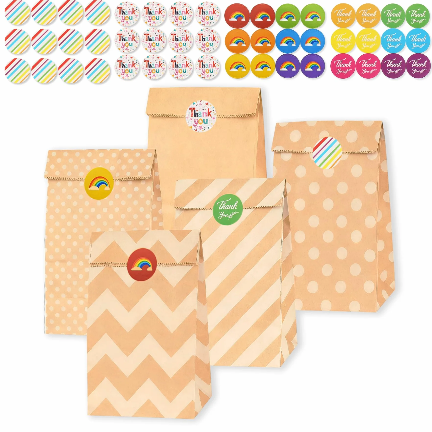 25 sztuk torebek papierowych, brązowe, 24 x 13 x 8 cm, torebki na prezenty urodzinowe dla dzieci, z 48 naklejkami, torebki papierowe typu kraft, torebki na prezenty, małe torebki DIY, na urodziny