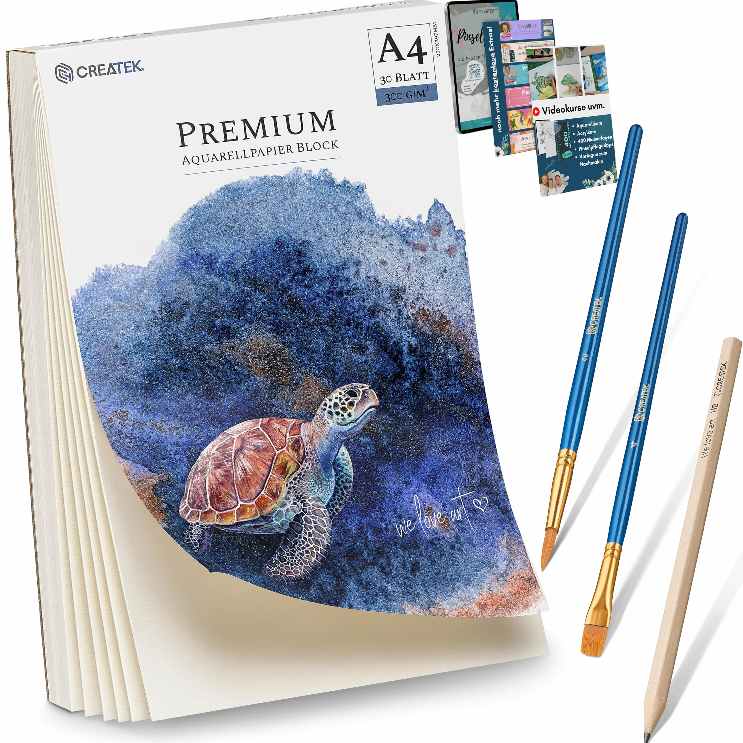 CreaTek Papier akwarelowy A4 300 g, w zestawie 2-godzinny kurs wideo, 30 arkuszy bloków akwarelowych + 2 pędzle + ołówek + 400 szablonów do malowania - farby akwarelowe