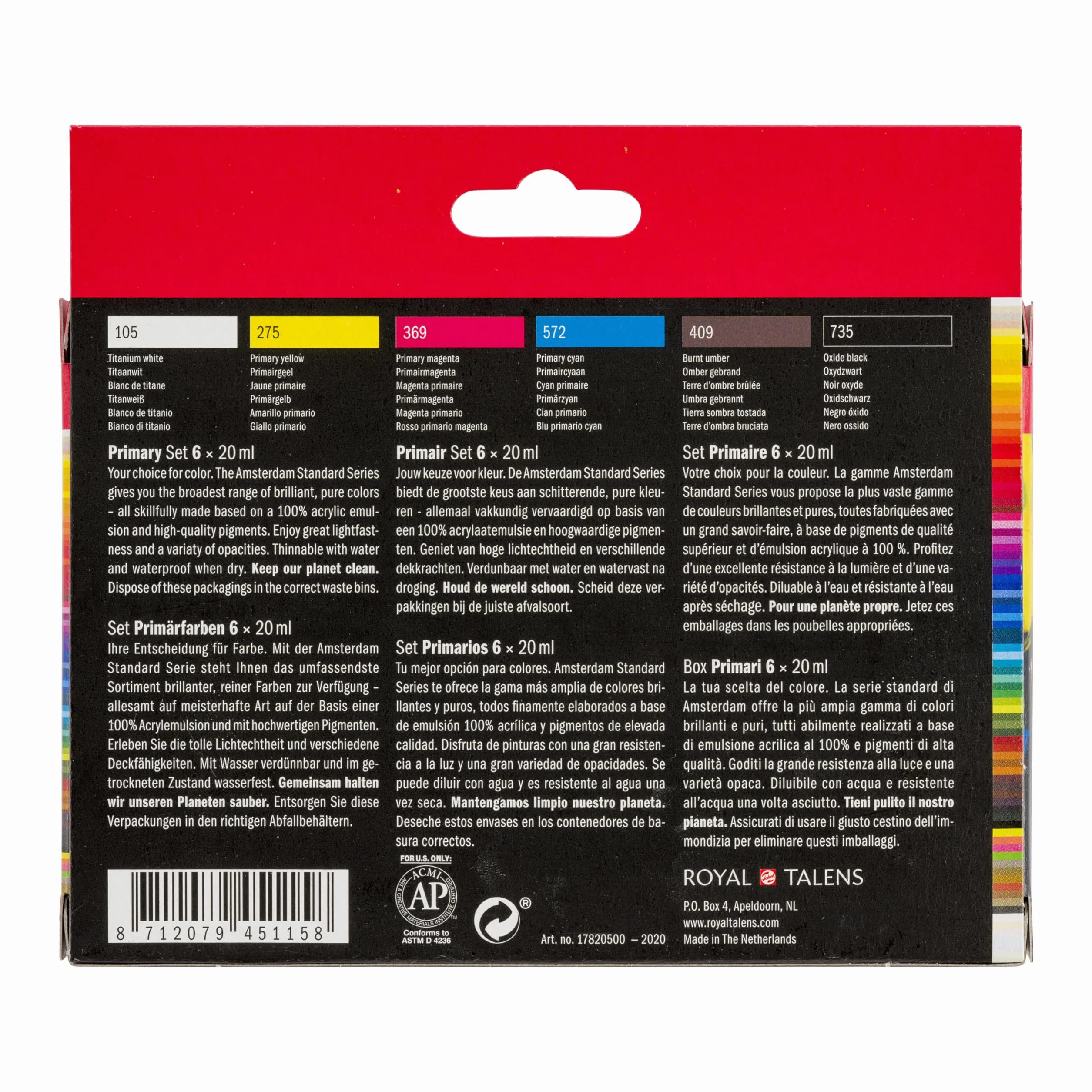 Amsterdam Zestaw farb akrylowych z serii Standard, zestaw do mieszania teorii kolorów (6 tubek 20 ml), kolory podstawowe + czarny, biały i umbra