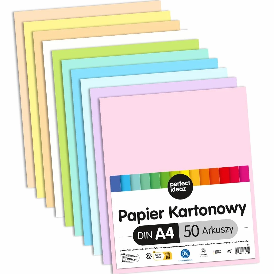 perfect ideaz - 50 arkuszy kartonu fotograficznego DIN-A4, 10 pastelowych kolorów, 300 g/m², wyprodukowano w Niemczech, certyfikat Blauer Engel