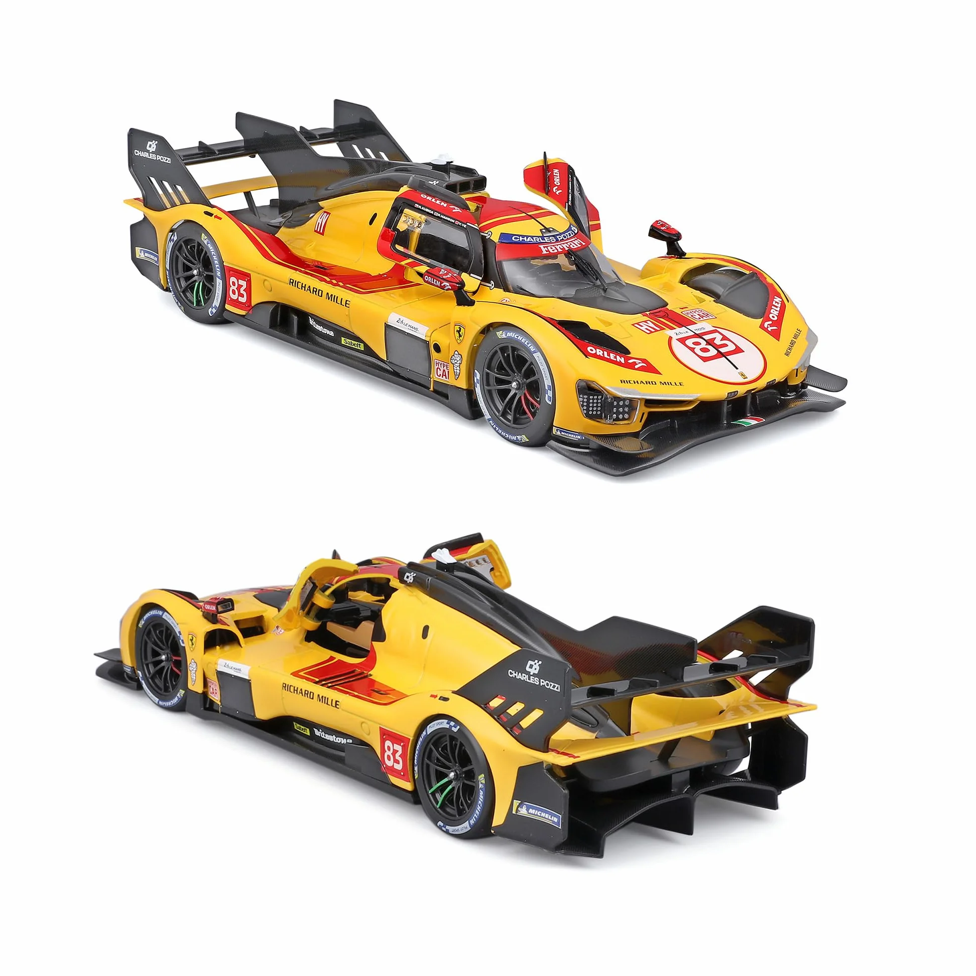 Bburago - Ferrari 499P 24H LMS Hypercar 2025#83, model diecast w skali 1:24, szczegółowa replika mistrza Le Mans, otwierane drzwi, oficjalna licencja Ferrari, zalecany wiek 3+ lata