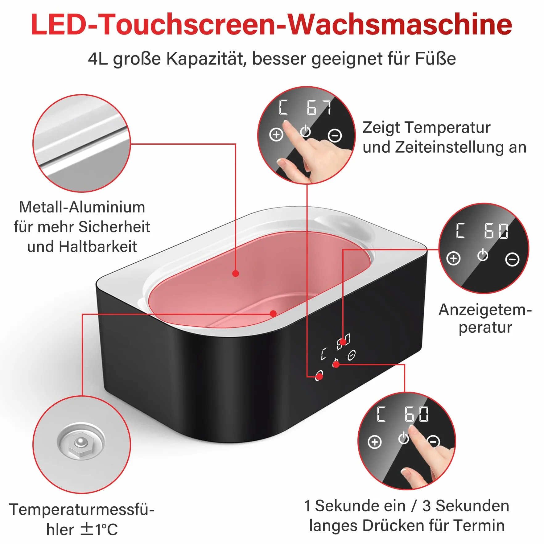 Kąpiel parafinowa do rąk i stóp z akcesoriami, 4 l, wskaźnik LED, elektryczny zestaw do kąpieli parafinowej, zestaw do kąpieli parafinowej, urządzenie do kąpieli z woskiem parafinowym 1350 g