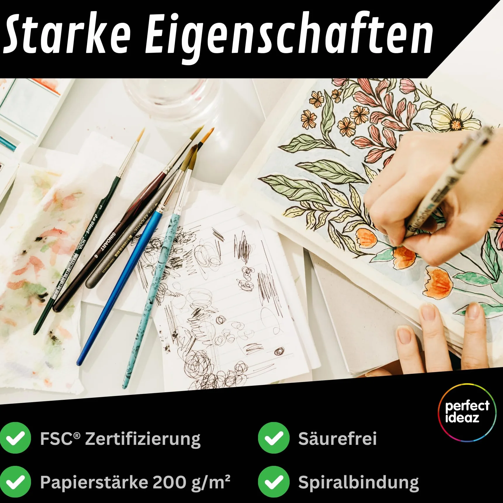 perfect ideaz szkicownik 96 stron (48 arkuszy) DIN-A5, profesjonalny notatnik do rysowania, książka spiralna z białym białym białym papierem, 200 g, szkicownik i czarna księga do rysowania