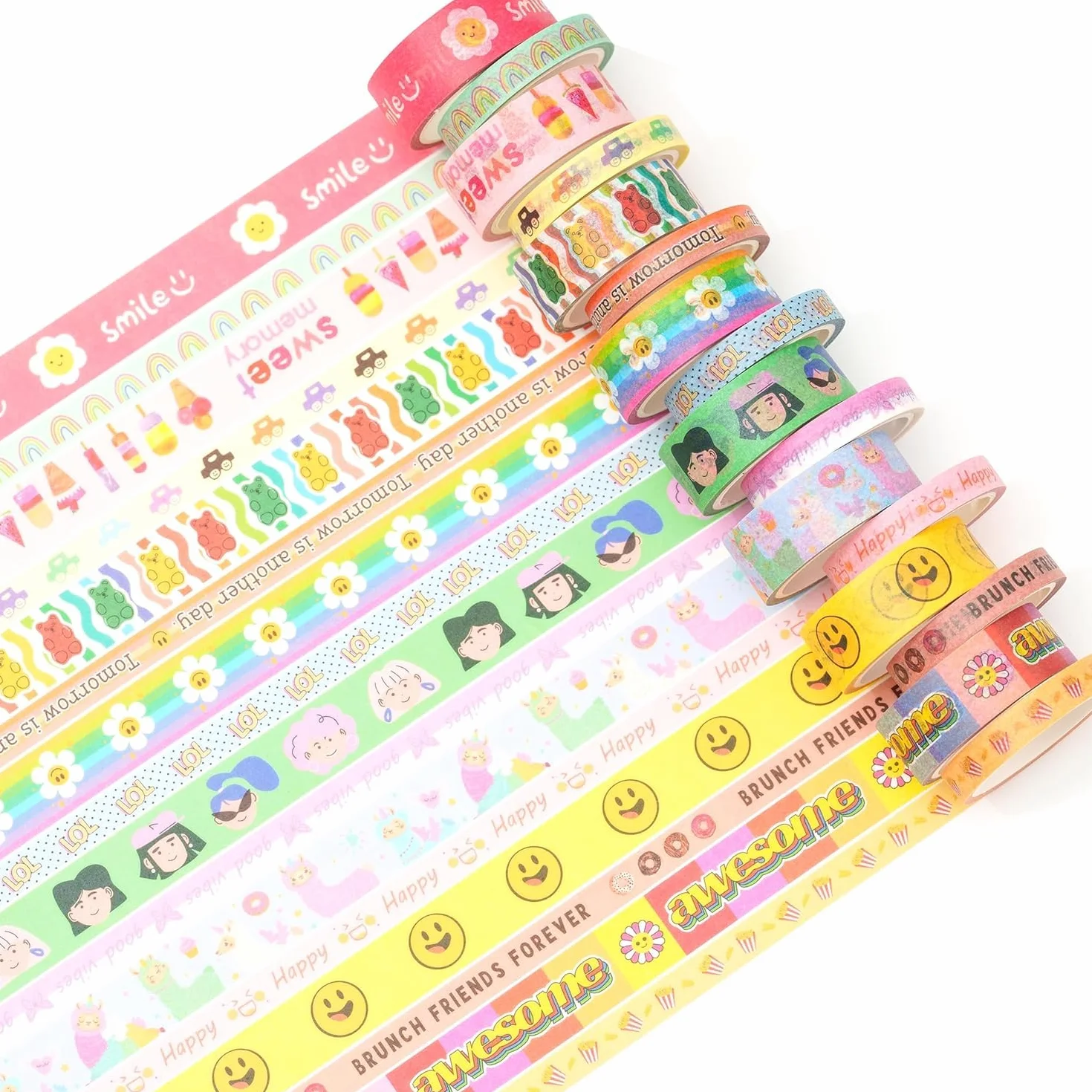Śliczna taśma Washi z kreskówek, 16 rolek jasnych kolorów, folia do maskowania kawaii, taśma dekoracyjna, kolorowa taśma do samodzielnego wykonania, bullet dzienników, planerów, scrapbookingu,