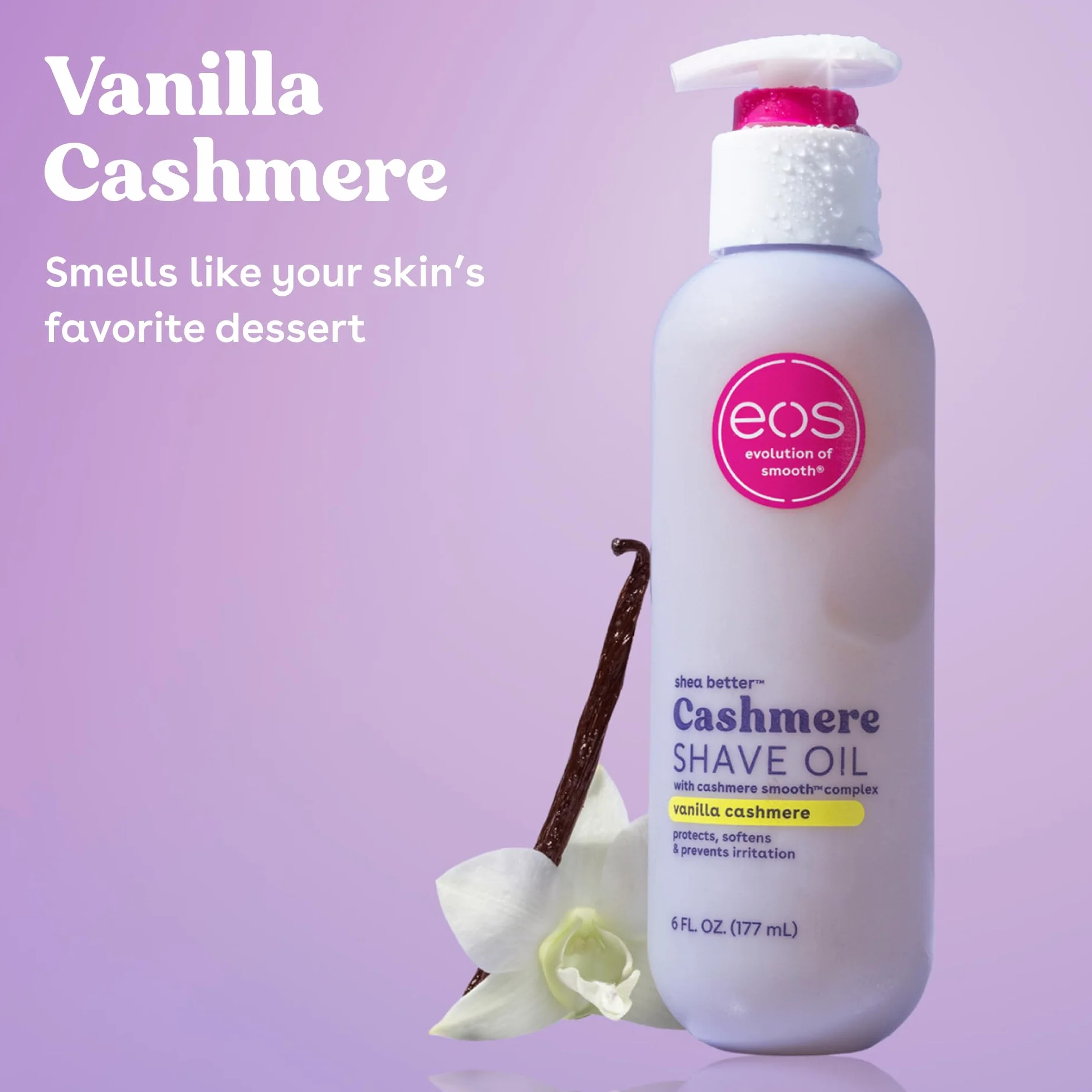 Kolekcja skóry kaszmirowej eos Shave Oil Vanilla Cashmere Scented, całe bikini w okolicy zatwierdzone, 6 fl oz