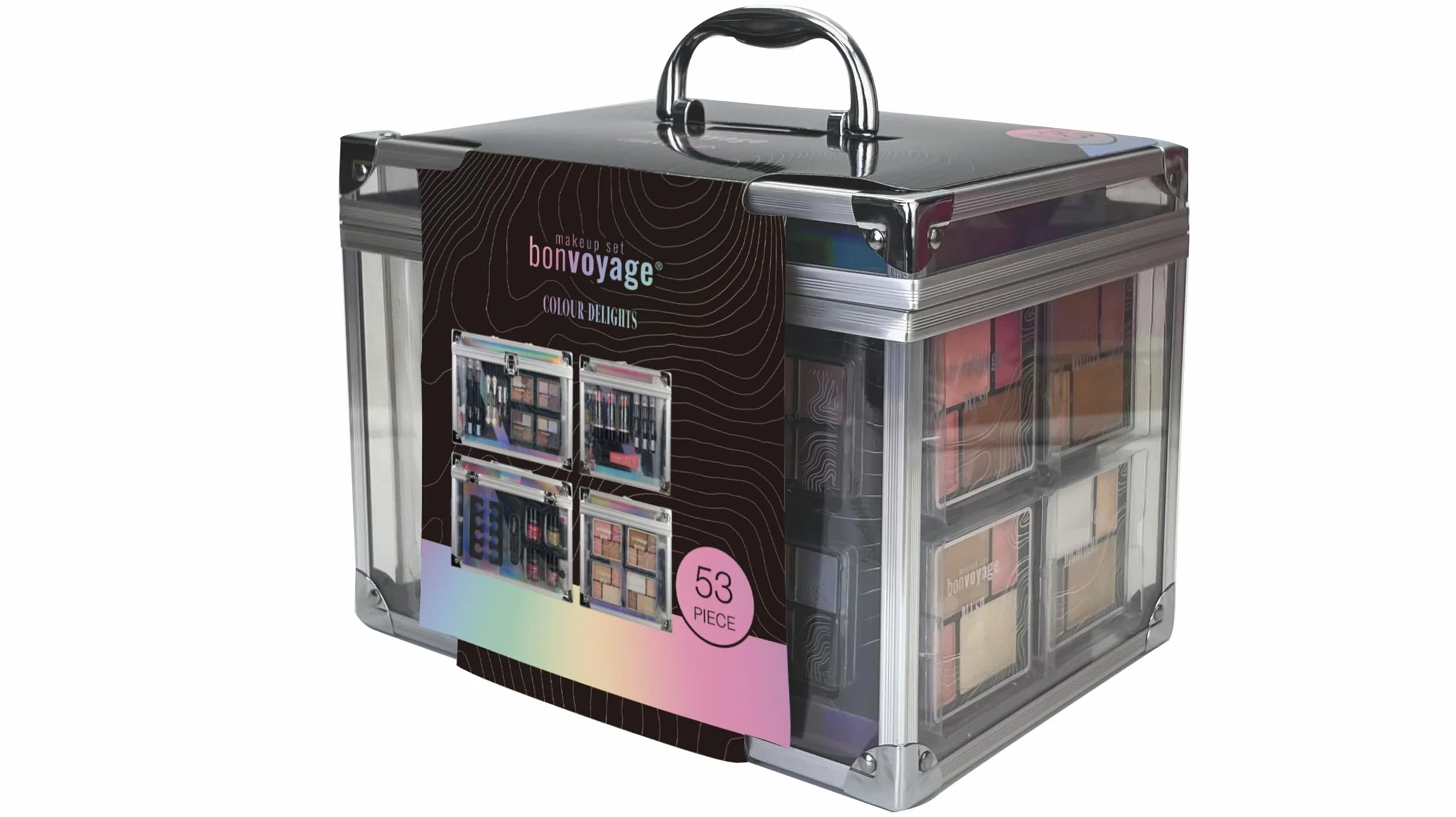 bonvoyage, Zestaw do Makijażu Colour Delights, Zestaw do Makijażu ze Szminką, Cieniami do Powiek, Różem, Zestawem do Manicure i Pedicure, Przenośna i Modna Przezroczysta Walizeczka
