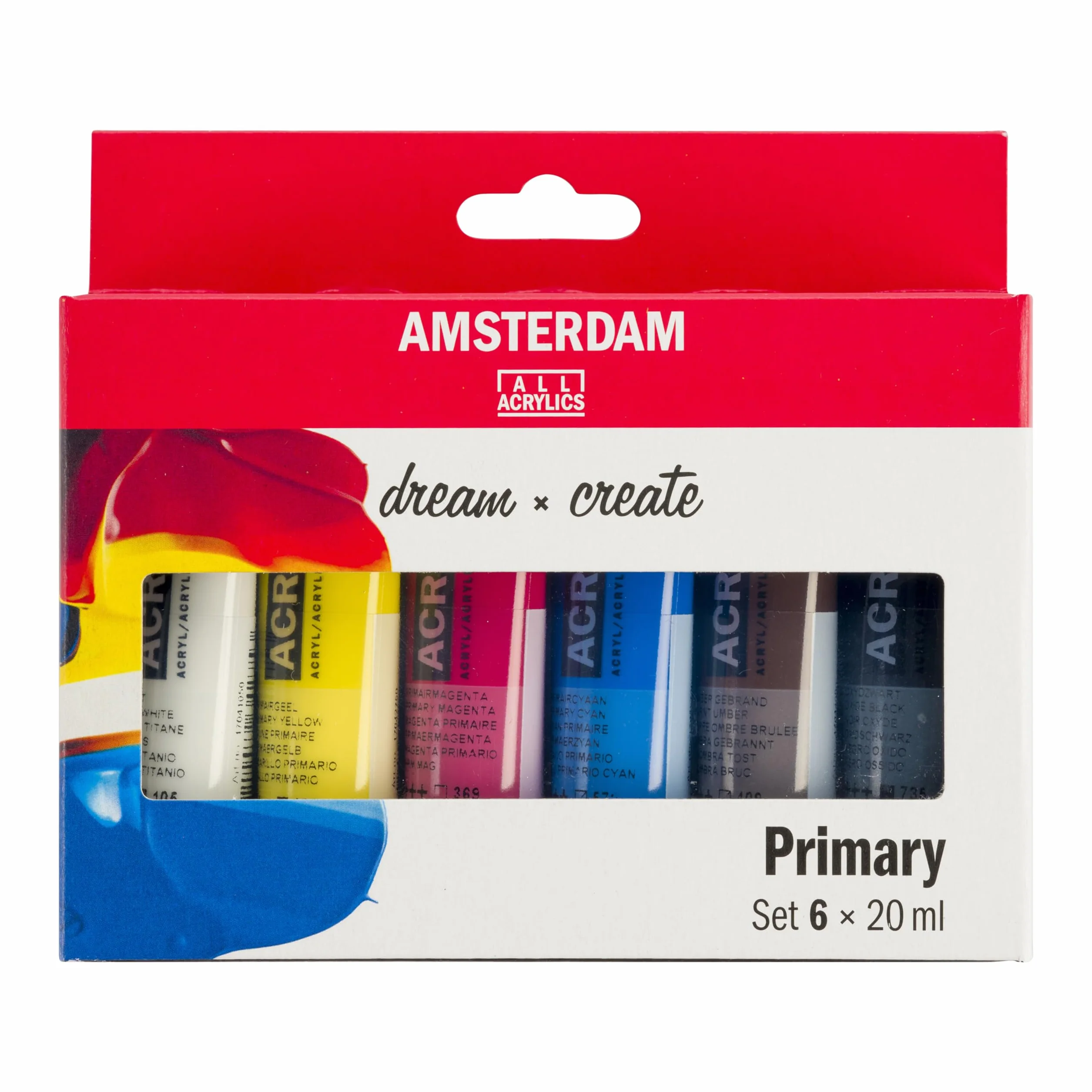 Amsterdam Zestaw farb akrylowych z serii Standard, zestaw do mieszania teorii kolorów (6 tubek 20 ml), kolory podstawowe + czarny, biały i umbra