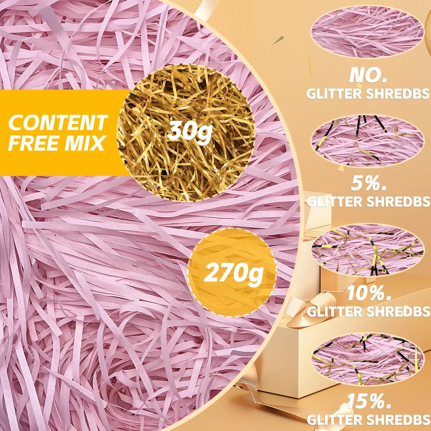 HXJDAM Materiał wypełniający 300 g, różowy i złoty, rozdrobniony papier do pudełka prezentowego, materiał wypełniający do paczek, pudełko na prezent, materiał wypełniający
