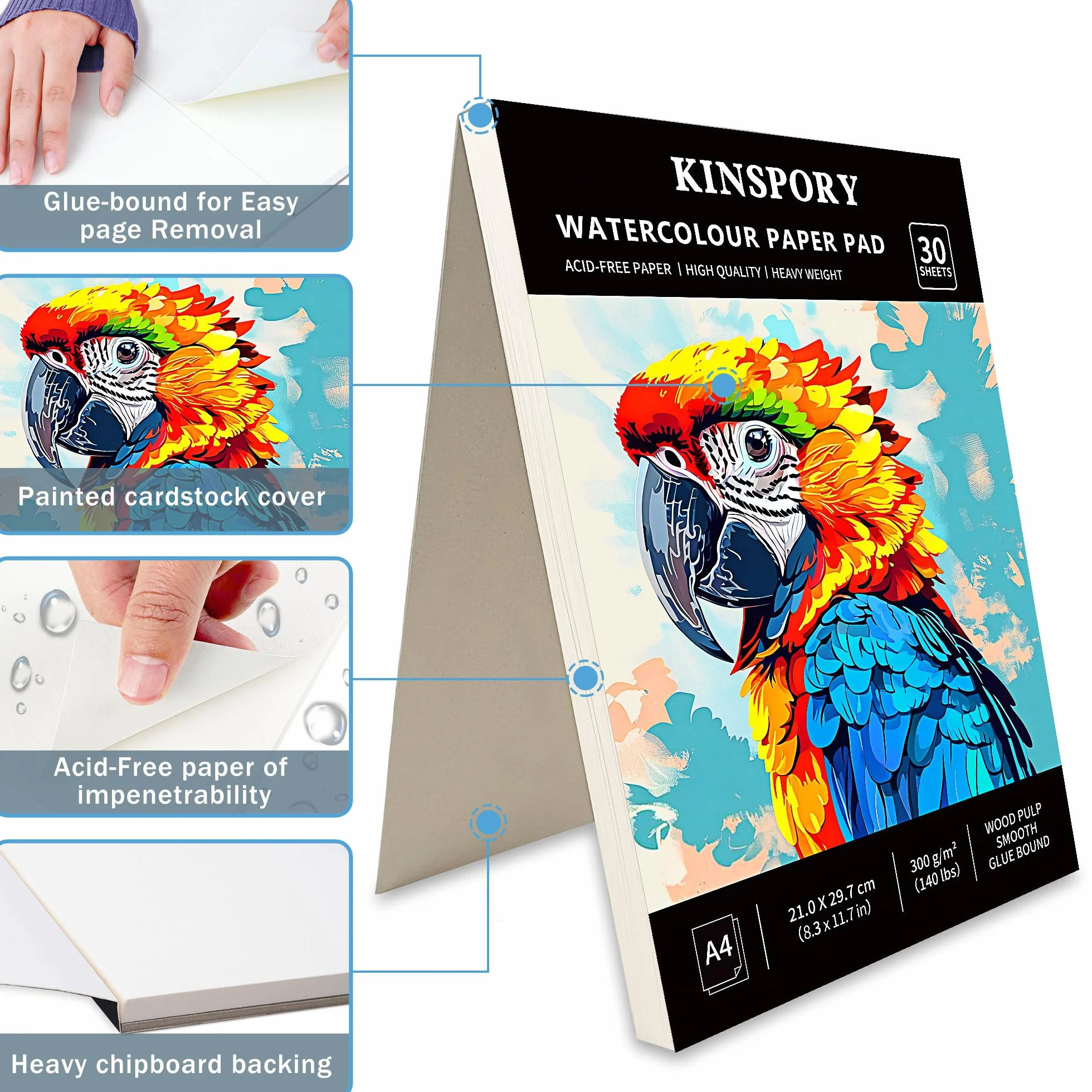 KINSPORY Papier akwarelowy A4, 30 kartek - 21 x 29,7 cm, 300 GSM, klejone, fakturowane na zimno, papieru akwarelowego do akwareli, szkicownik do malowania, szkicowania i mixed media