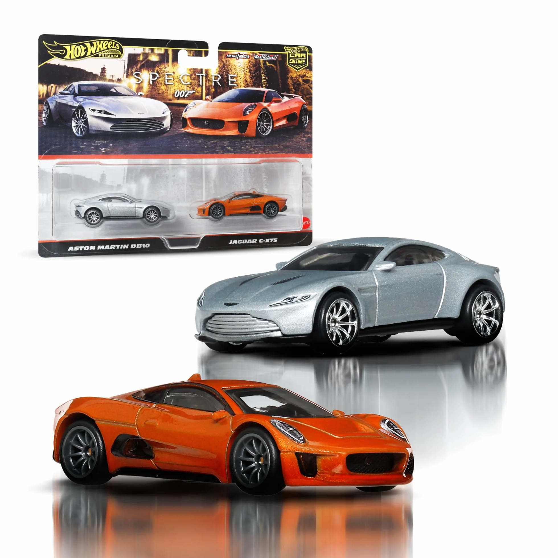 Hot Wheels Premium Kultowe auta Jaguar/Aston Martin 2-pak samochodów w skali 1:64, wyjątkowe połączenia, opony Real Riders, metalowa konstrukcja, zestaw auta dla kolekcjonerów, JBL04