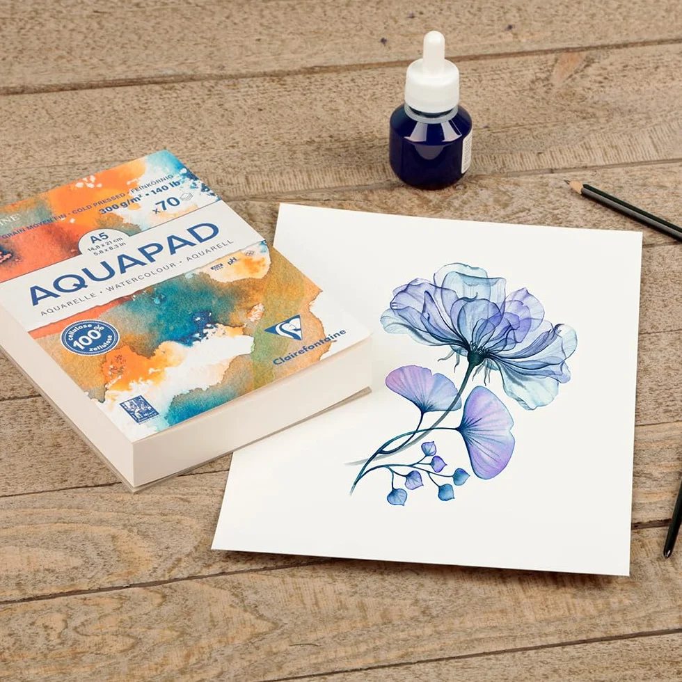 Clairefontaine 975720C – Blok klejony Goldline Aquapad – 70 arkuszy papieru akwarelowego biały, średnioziarnisty – A5 (14,8 x 21 cm), 300 g