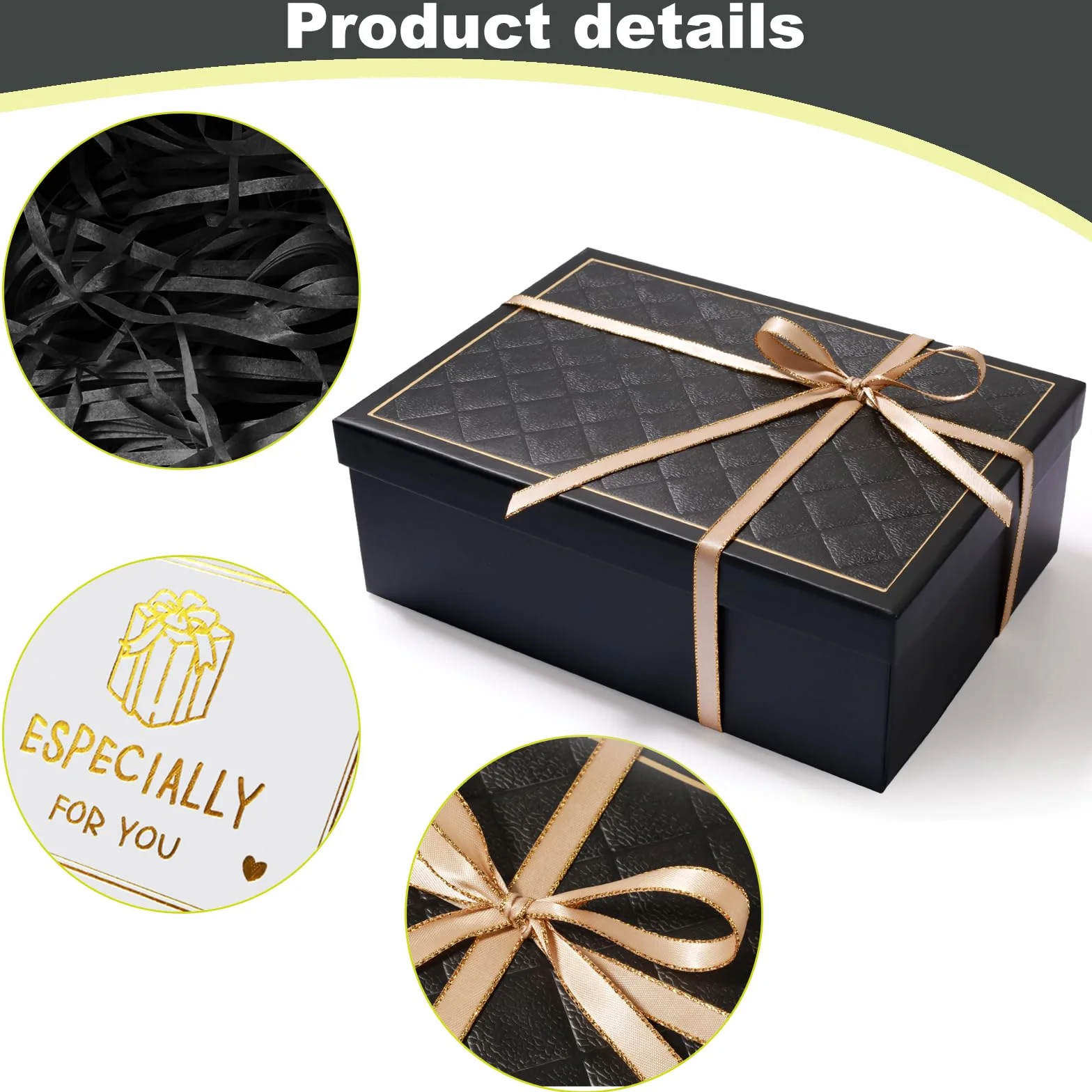 Pudełko prezentowe z pokrywką 25 x 18 x 9 cm, pudełko prezentowe z kokardkami, kartki z życzeniami, Raffia Hamper Shreds na wesele, urodziny, Boże Narodzenie (czarne)