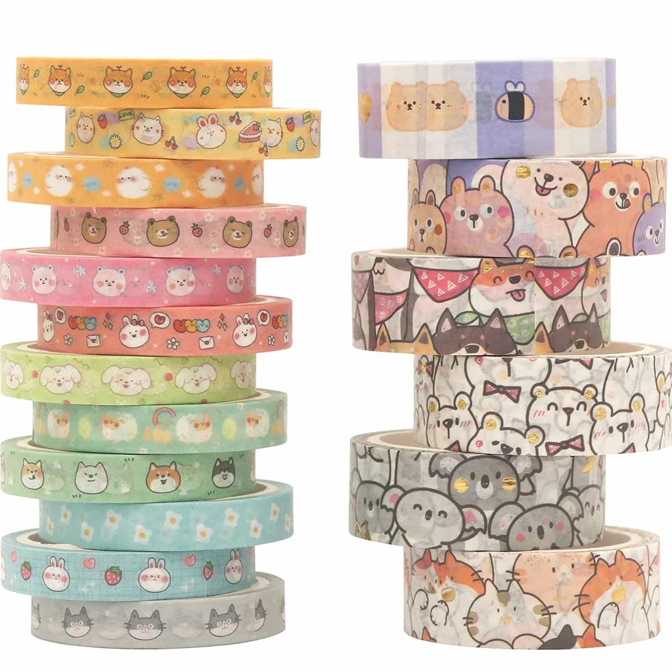 Zestaw uroczych taśm Washi, 18 rolek, złote zdobienie, kawaii, dekoracyjne taśmy maskujące do sztuki, rękodzieła, dzienników, planerów, scrapbookingu, pakowania szczeniąt