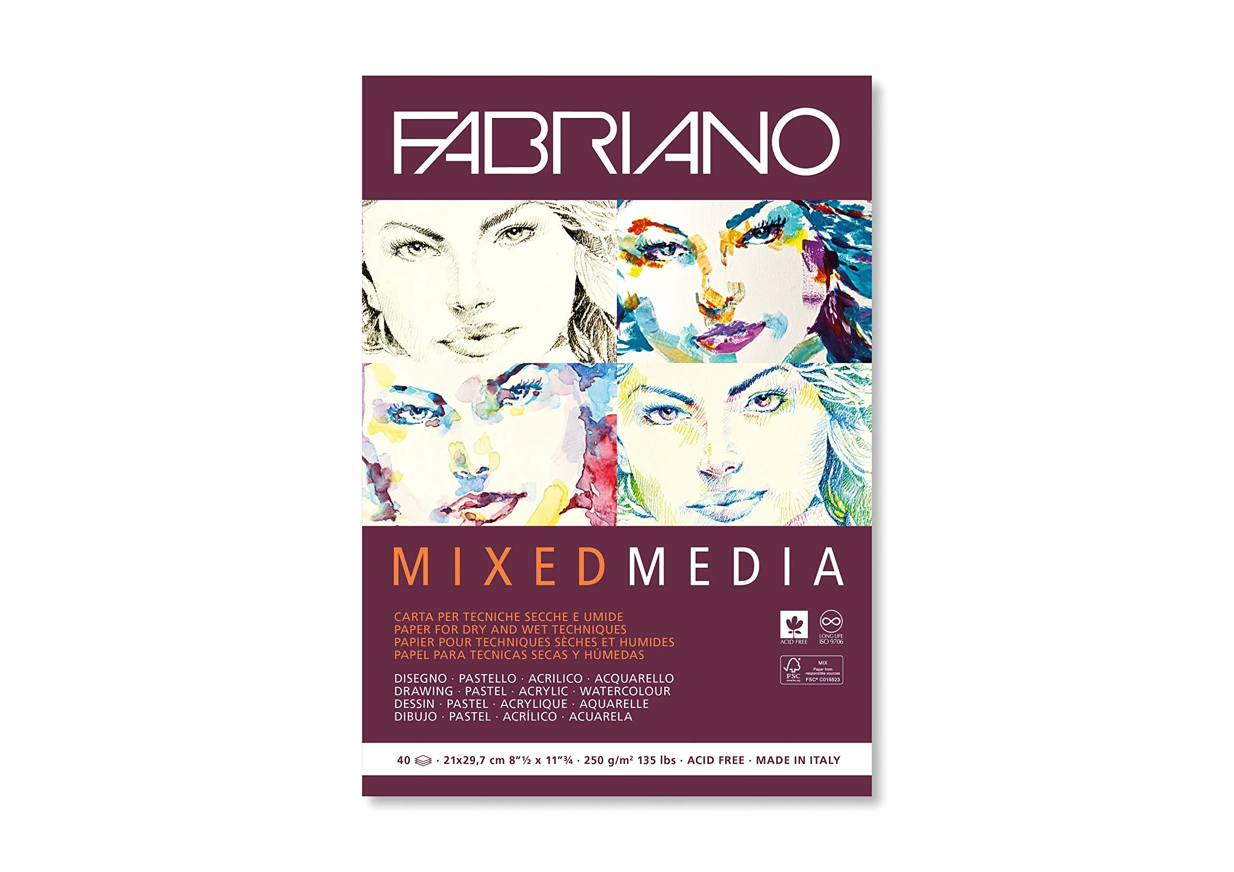 Fabriano Honsell 19100381 - Fabriano Mixed Media blok papieru artystycznego, DIN A4, 40 arkuszy 250 g/m², nadaje się do technik malarskich na mokro i sucho