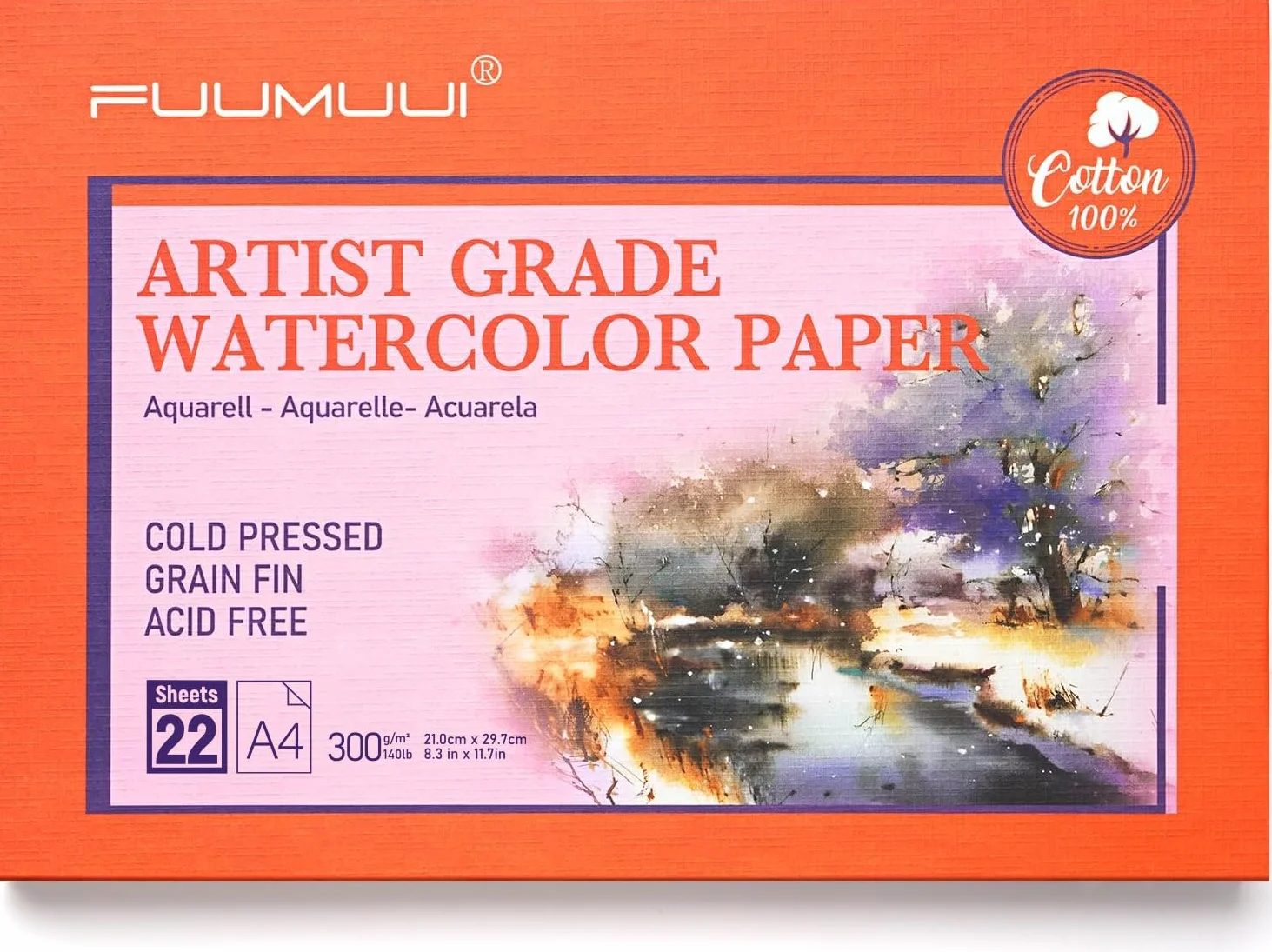 Blok papieru akwarelowego, 100% bawełny, A4 – 22 arkusze 300 g/m², wysokiej jakości papier akwarelowy, tłoczony na zimno i klejony, blok akwarelowy, DIN A4, idealny do malowania akwarelowego, rysunku