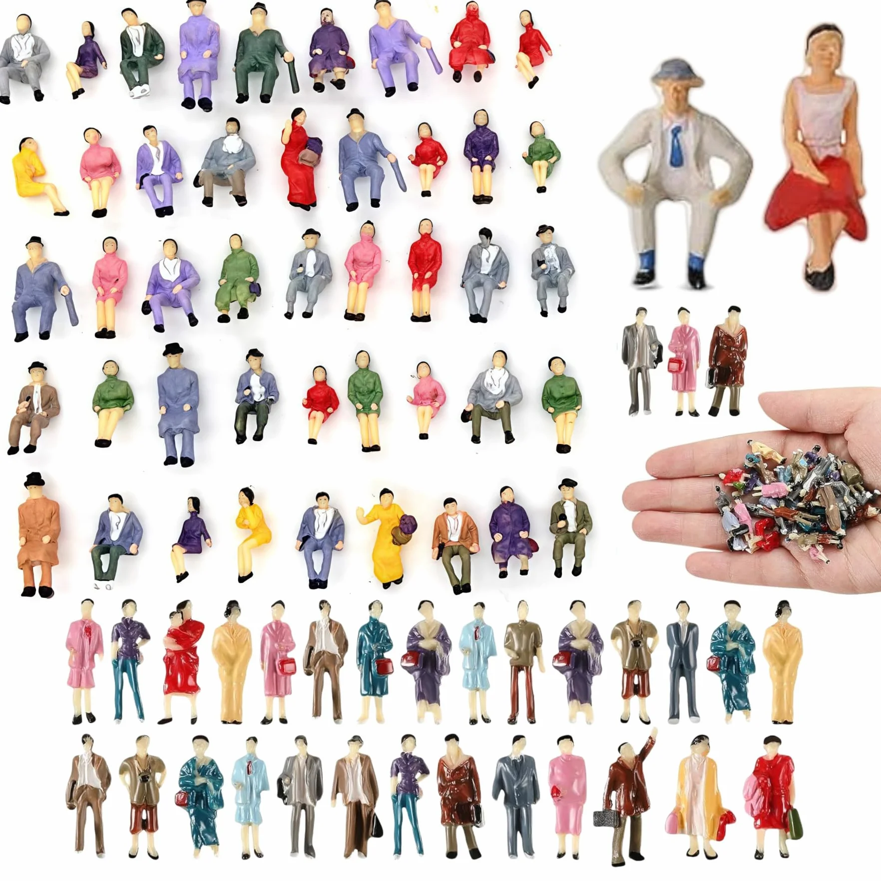 80 sztuk miniaturowych figurek do kolejki modelowej, różne figurki siedzące i stojące przechodniów, malowane figurki siedzące i stojące w skali 1:85
