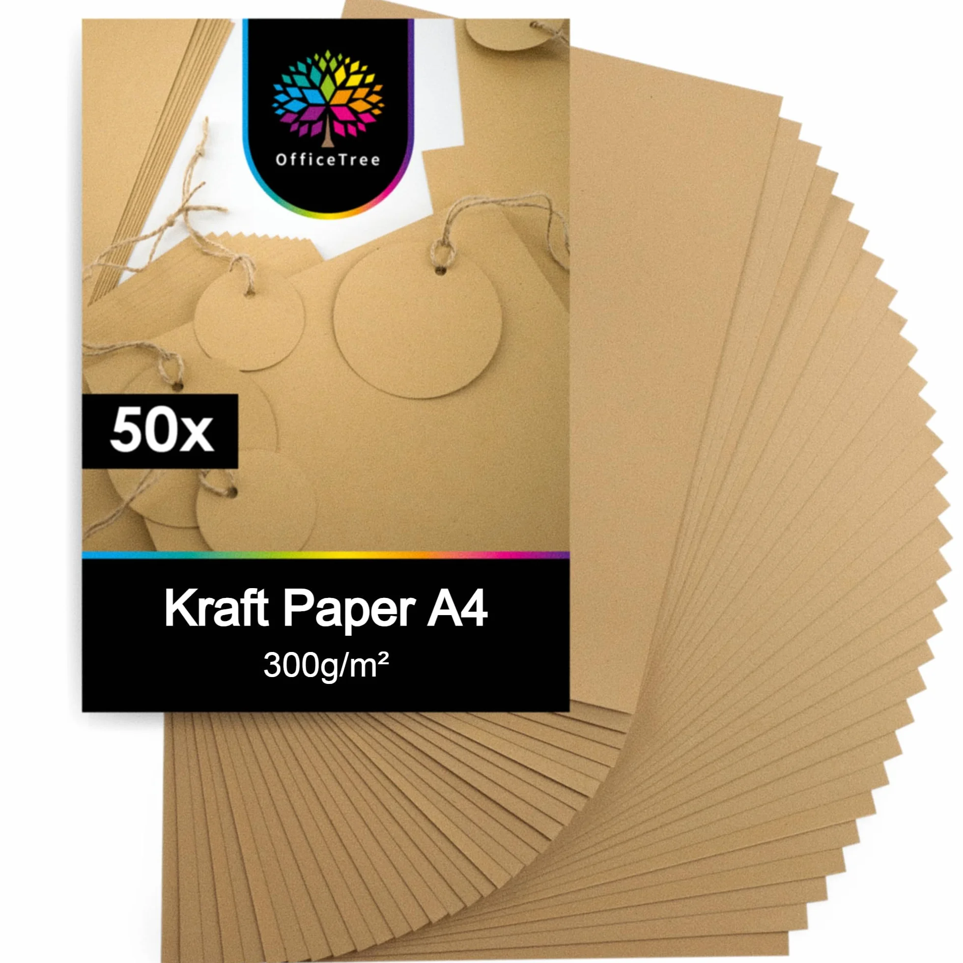 OfficeTree 50x Papier Kraft A4 300 g/m² - Brązowy - Grube, zadrukowywalne arkusze do drukarek atramentowych i laserowych, rękodzieła i scrapbookingu - Papier Rzemieślniczy A4 - Papier Kartonowy