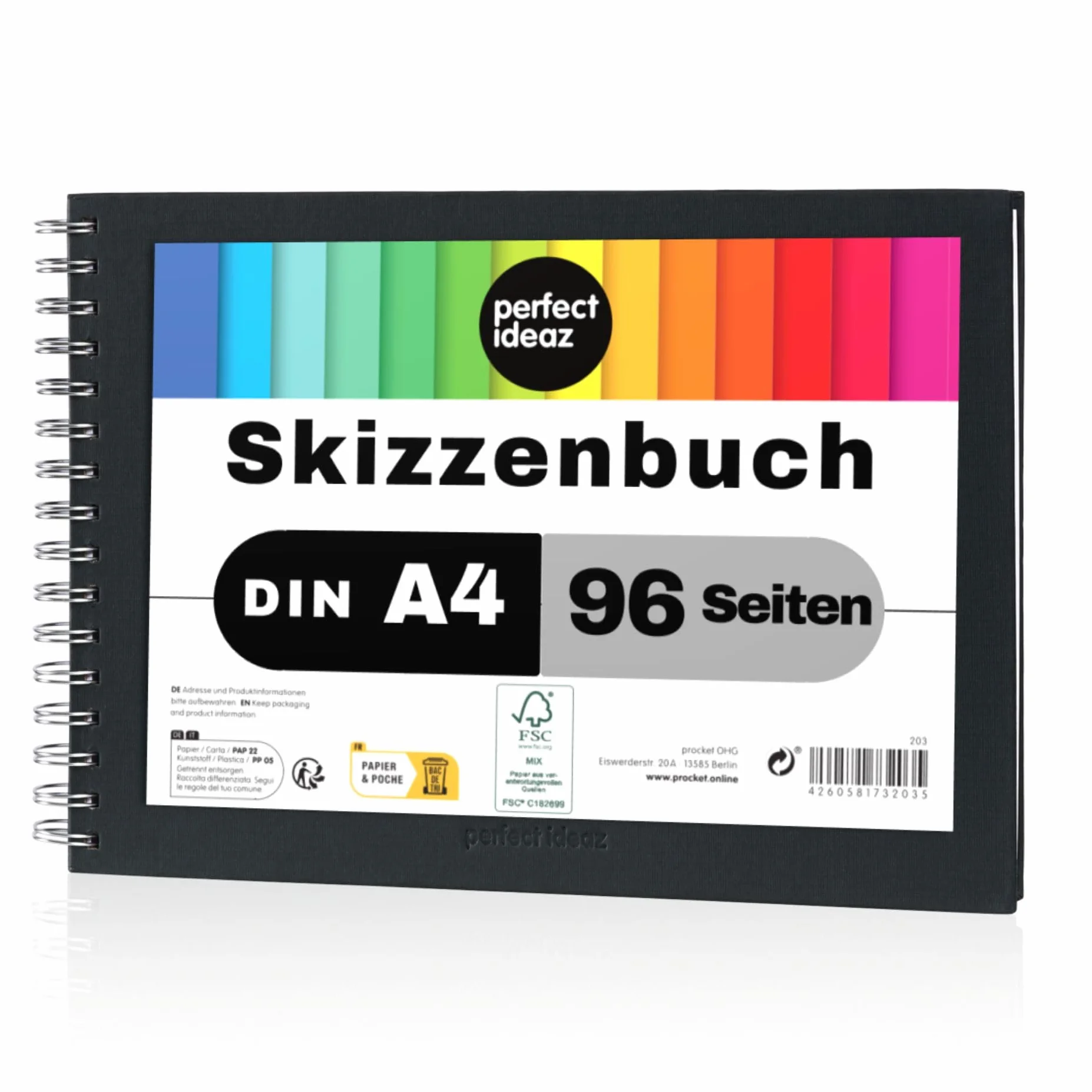 perfect ideaz - Szkicownik DIN-A4 poprzeczny, wiązanie spiralne, certyfikat FSC®, 96 stron (48 arkuszy), twarda okładka, czarny, szkicownik, gruby papier 200 g/m², bezkwasowy