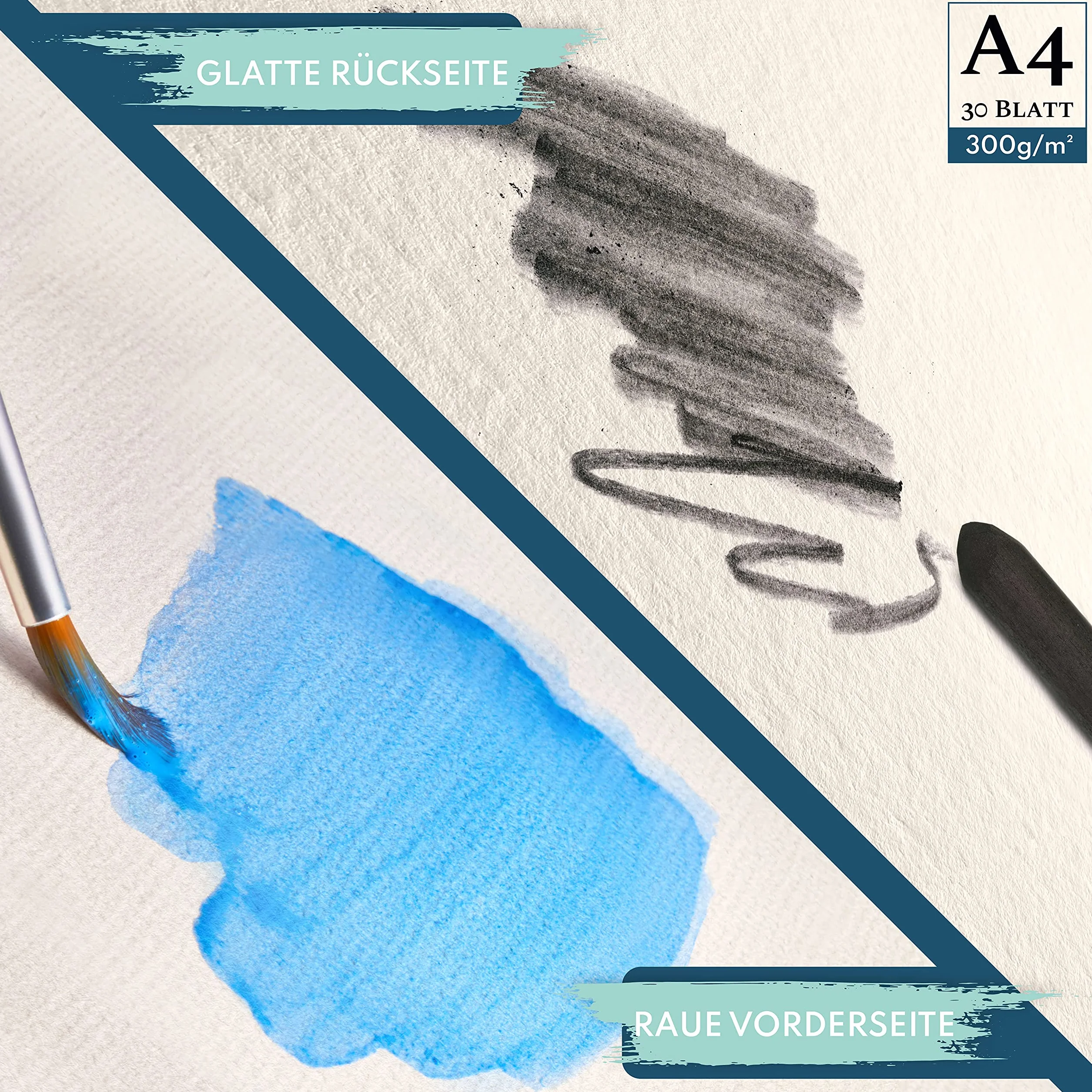 CreaTek Papier akwarelowy A4 300 g, w zestawie 2-godzinny kurs wideo, 30 arkuszy bloków akwarelowych + 2 pędzle + ołówek + 400 szablonów do malowania - farby akwarelowe