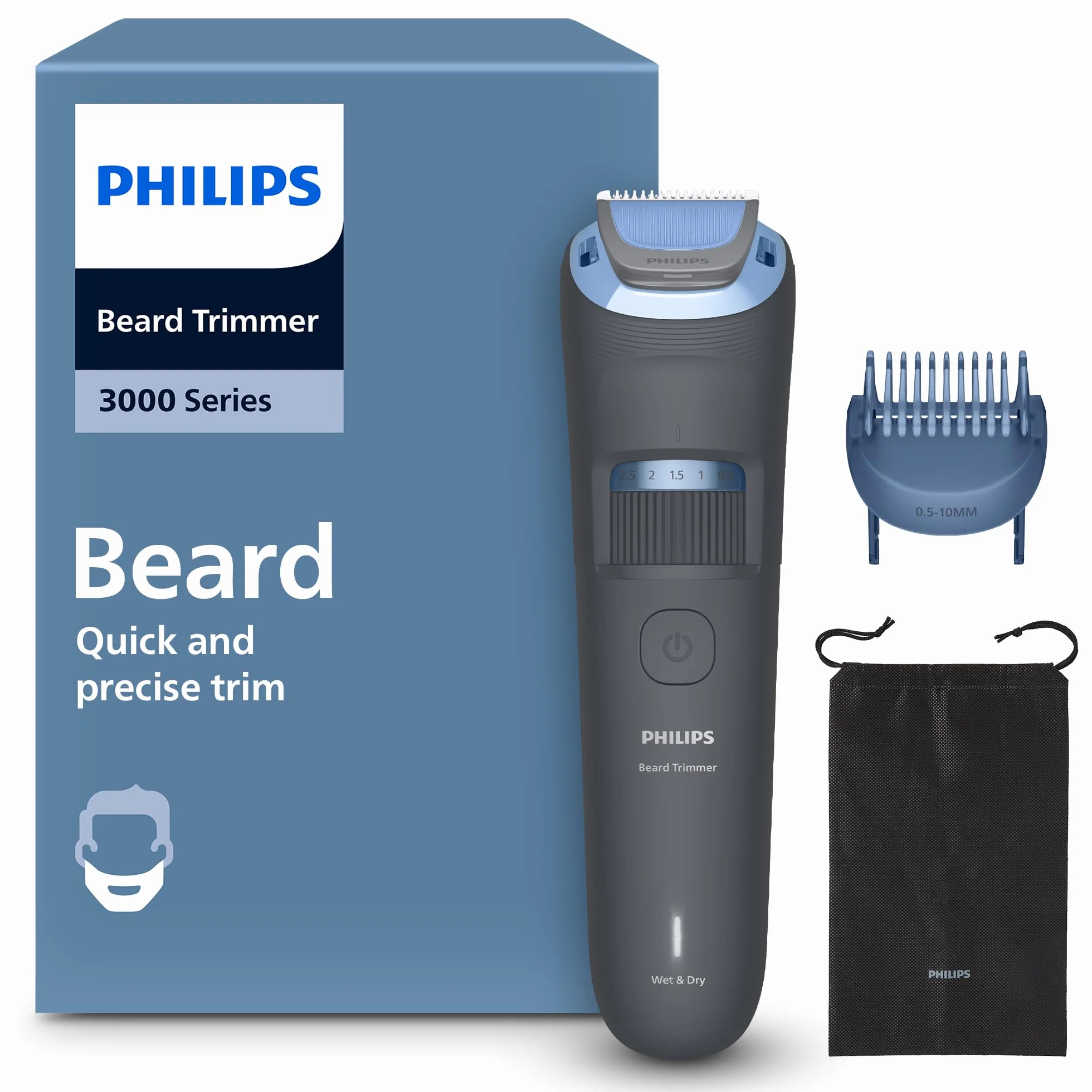Trymer do brody Philips z serii 3000 – samoostrzące się ostrza z zaokrąglonymi końcówkami, 20 ustawień, nasadka Lift&Trim, 100% wodoodporności, wskaźnik naładowania baterii, miękkie etui, BT3619/15