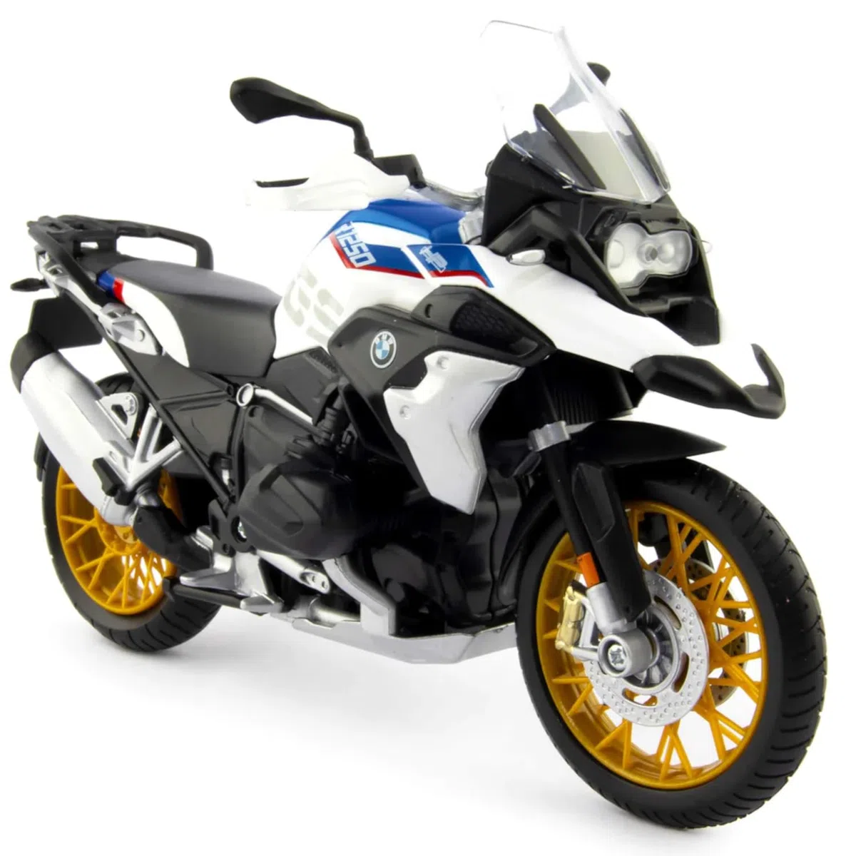 Maisto BMW R1250GS: model motocykla w skali 1:12, ze sprężyną i rozkładanym stojakiem bocznym, 17 cm, niebiesko-biały (5-20100), średni