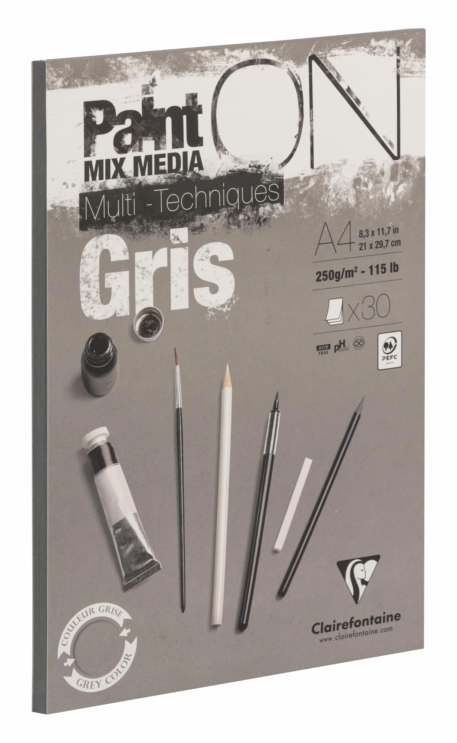Clairefontaine 975809C – Blok rysunkowy PaintON Multi-techniques – 30 arkuszy papieru do technik mieszanych o lekko szorstkiej fakturze – Szary – A4 21x29,7 cm, 250 g