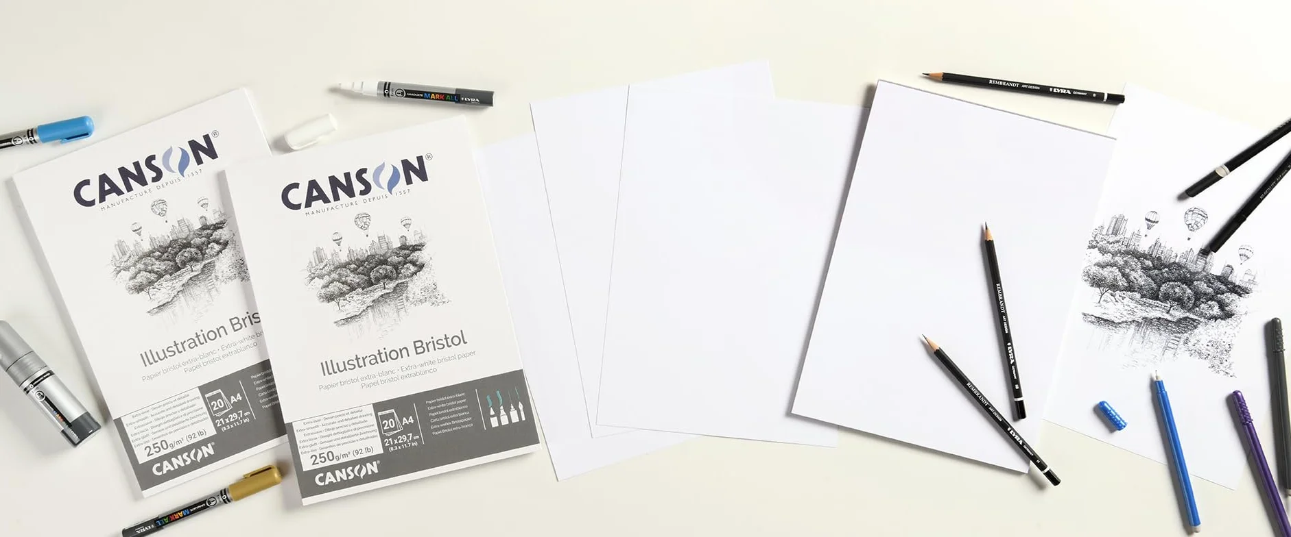 Canson Bristol papier 250 g/m², wysoka biel i ultra gładka, podkładka A4 z 20 arkuszami