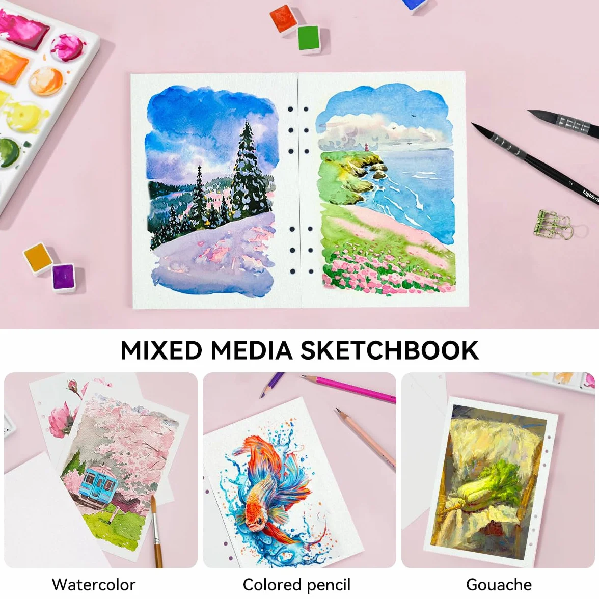 LIGHTWISH Zestaw 2 arkuszy papieru akwarelowego, 100% bawełna, tłoczony na zimno, 300 g/m², 40 arkuszy papieru A5, wymienne, perforowane, dla artystów, dorosłych, studentów, 14 x 20 cm
