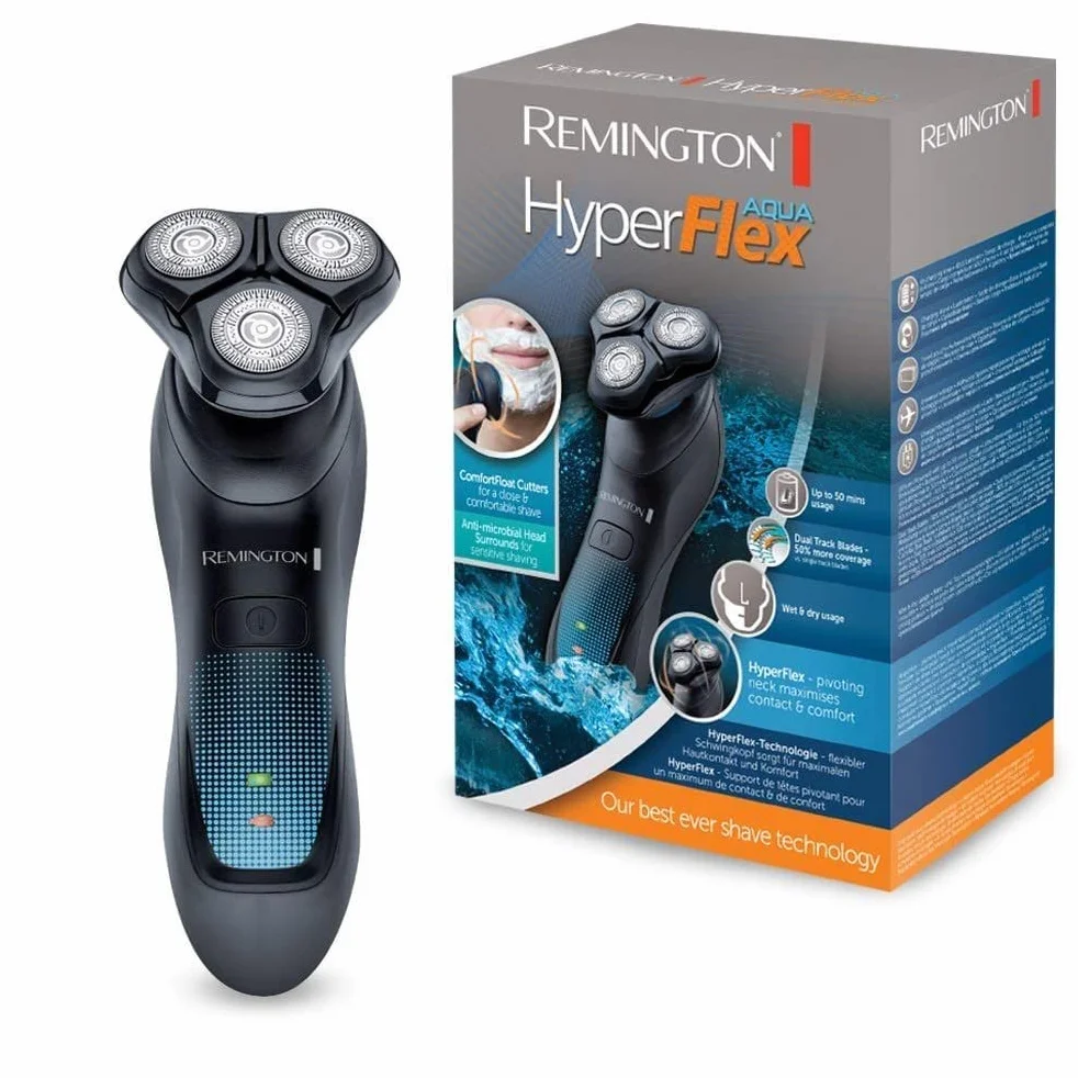 Remington golarka elektryczna, rotacyjna, głowica z jonami srebra, bez podrażnień, wysuwany trymer, golenie na sucho i mokro, bezprzewodowa, podstawka + etui, szara/czarna, HyperFlex Aqua XR1430
