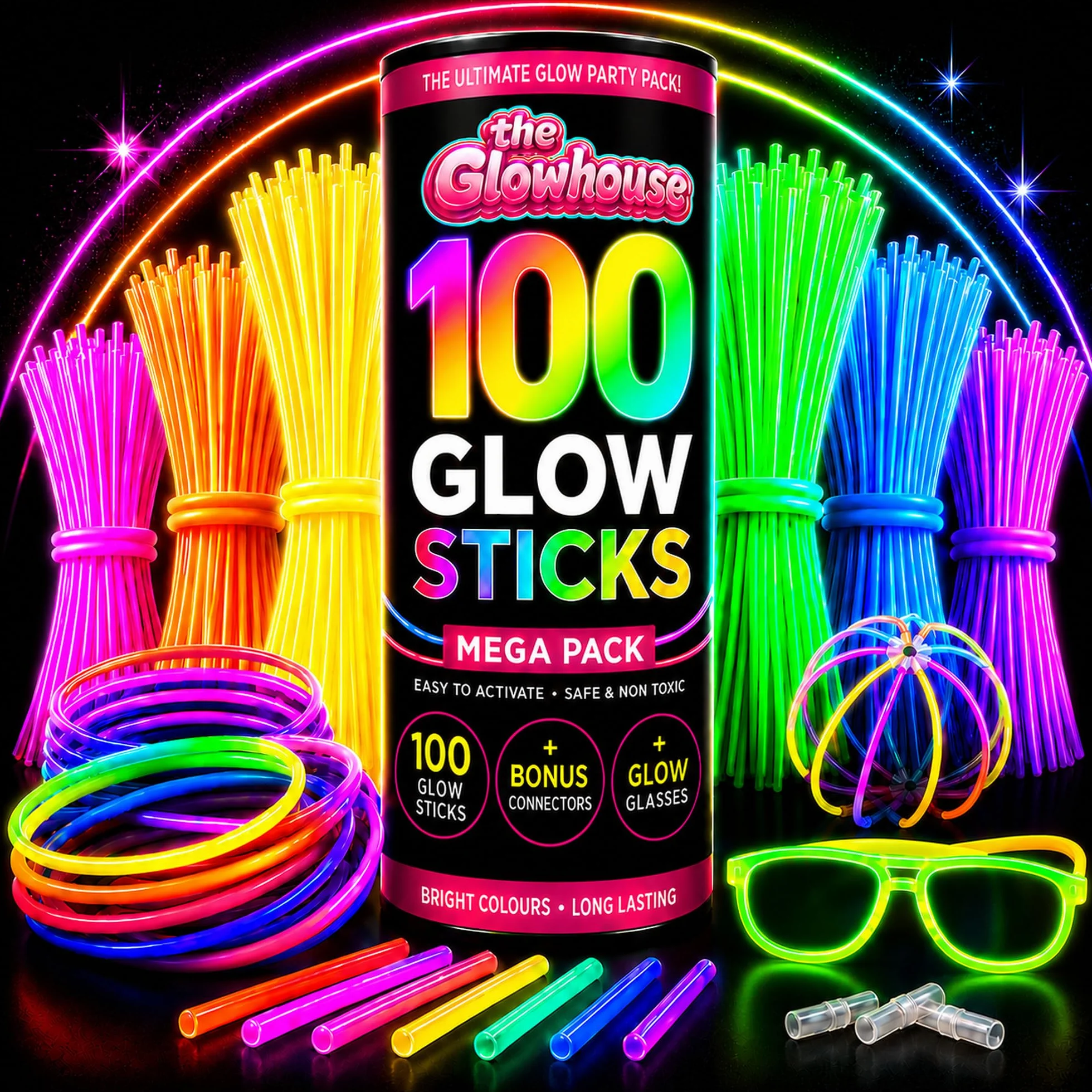The Glowhouse UK Premium świecące pałeczki dla dzieci dorośli luzem 205 szt. Party Pack zawiera zestaw świecących okularów i łączniki do bransoletek i naszyjników. Mieszane jasne, długotrwałe świecące pałeczki UK