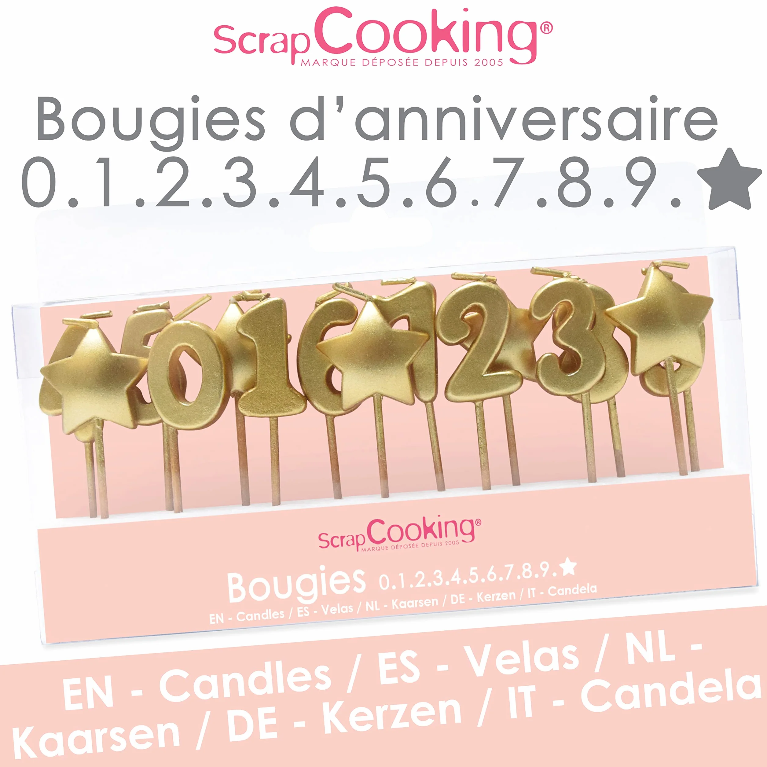 ScrapCooking - Zestaw złotych świec 1, 2, 3, Dekoracja drewna Parafina Ciasto - Akcesoria urodzinowe na przyjęcie ciasto - 5002