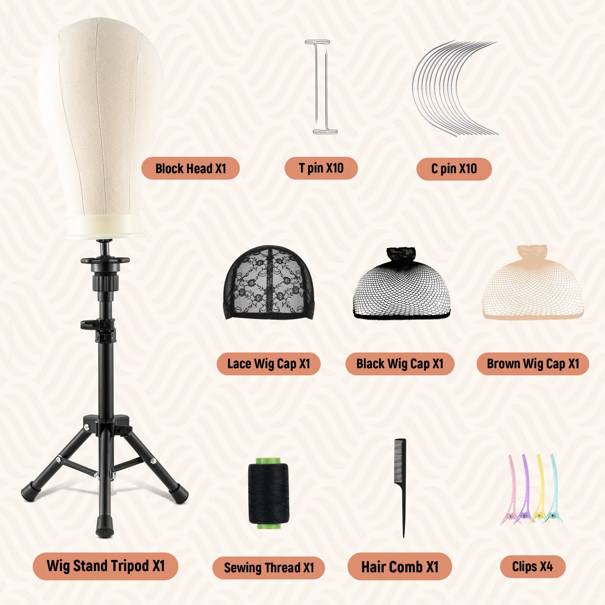 Statyw pod perukę 58 cm z głową, głową peruki i zestawem stojaka, do produkcji peruki stołowej, wyświetlacz, zawiera klipsy nasadkowe, szpilki w kształcie litery T, igły C, torba do przenoszenia