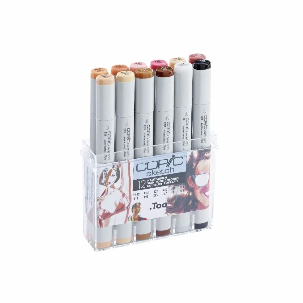 COPIC Sketch Marker Set "Portrait" z 12 kolorami w akrylowym displayu, profesjonalne markery pędzelkowe na bazie alkoholu z jedną elastyczną i jedną średniej szerokości końcówką.