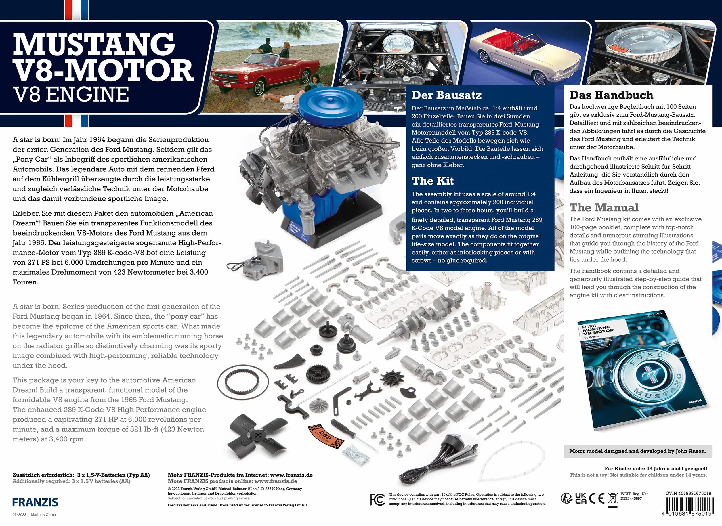 FRANZIS 67501 - Ford Mustang V8 - a true-to-life model kit of 1:4 scale of the Ford Mustang engine, original motorsound and a comprehensive accompanying handbook with 100 pages