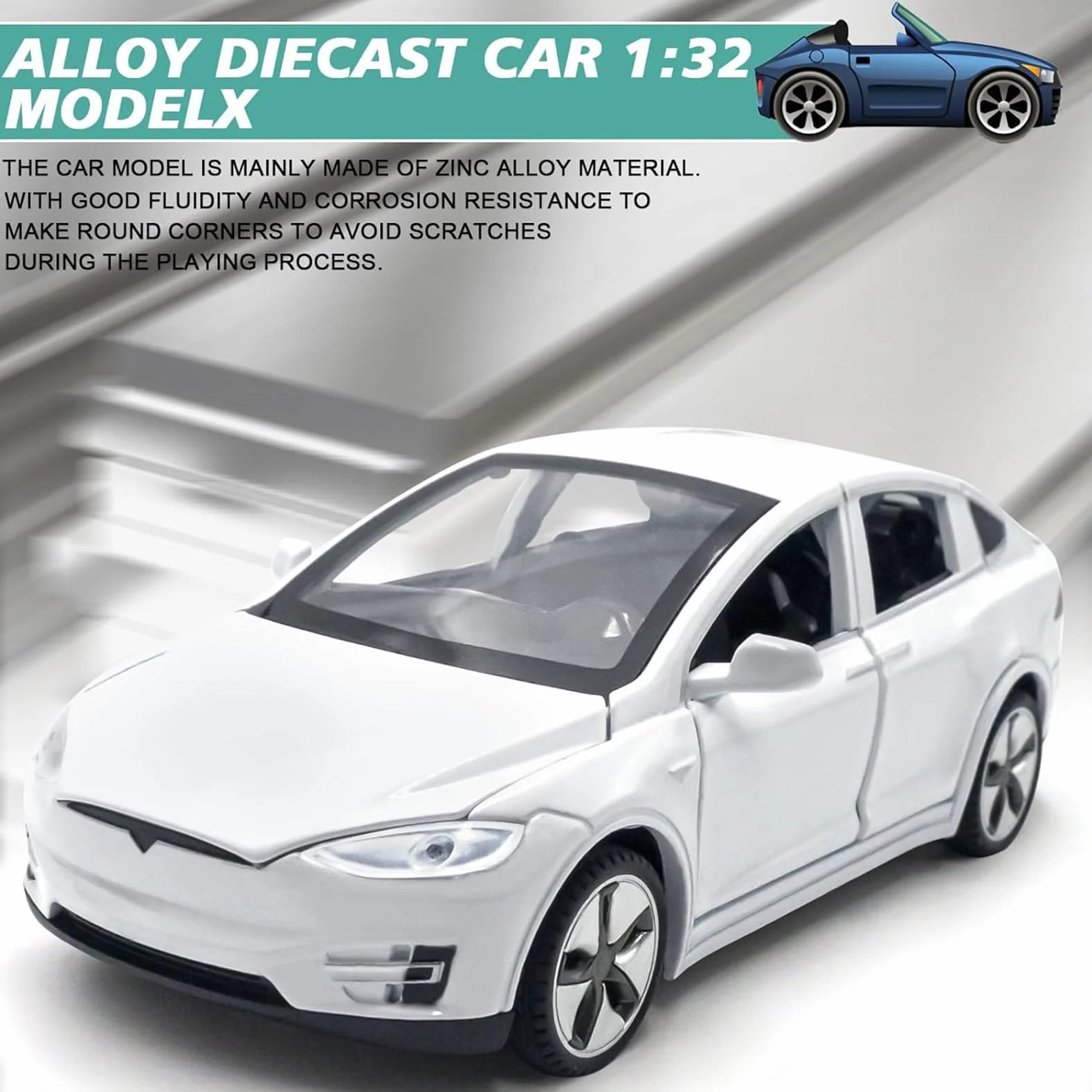 Model samochodu Tesla Model X w skali 1:32, elektroniczna zabawka ze stopu odlewanego ciśnieniowo z funkcją cofania, ze światłami i muzyką, mini pojazd zabawka jako prezent dla dzieci (biały)