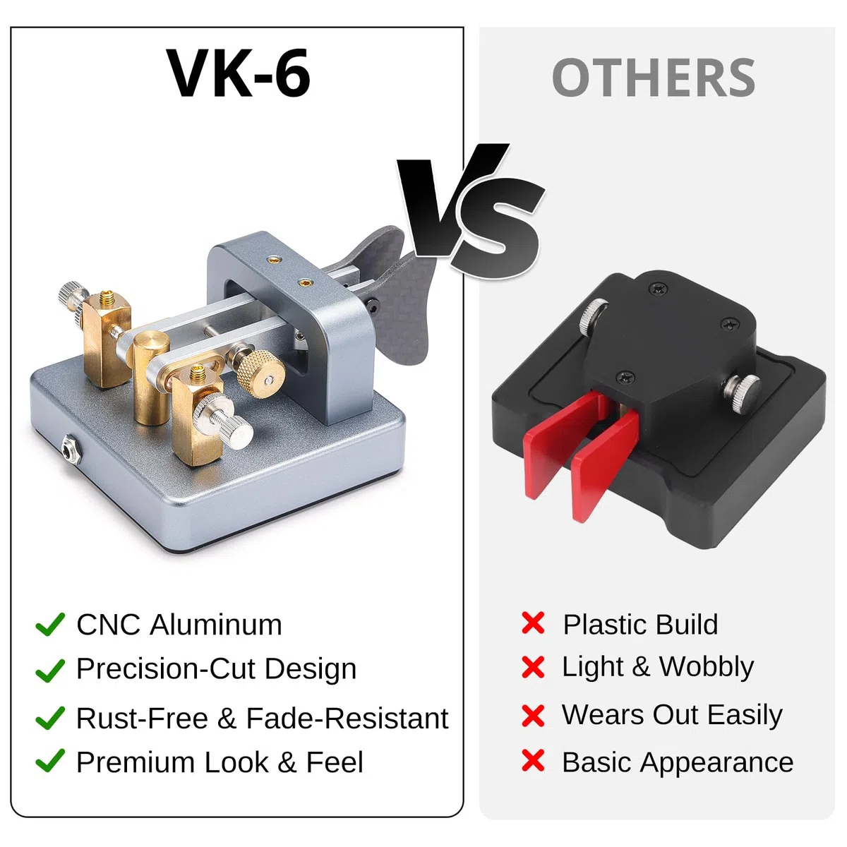 XIEGU VK-6 Iambic Klucz Telegraficzny CW Morse Code, Automatyczny Manipulator Dwudźwigniowy, Podstawa Aluminiowa CNC, Srebrzone Styki Miedziane, Jack 3.5mm, Kompatybilny z G90/X6100/X6200/X5105/G106