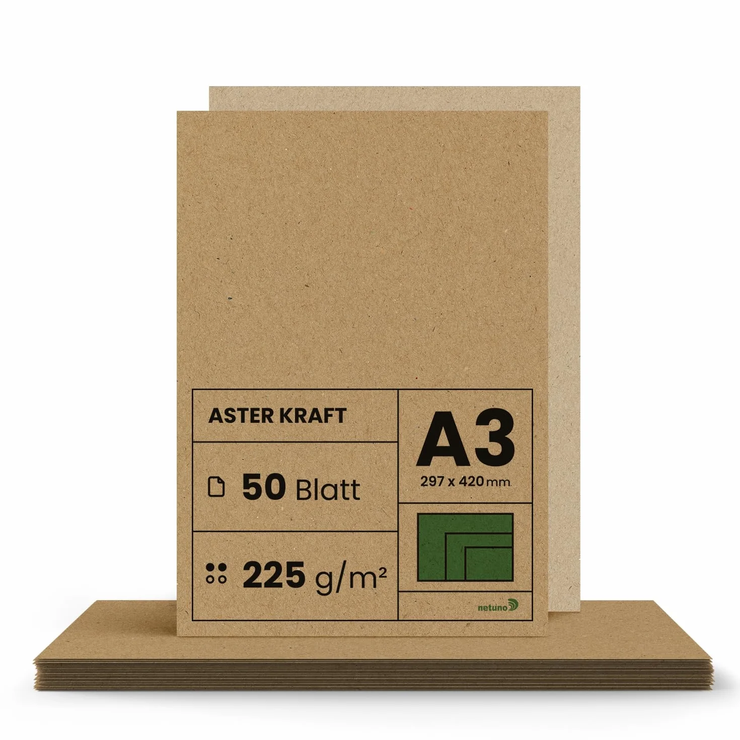 Netuno 50 x papier typu kraft, 225 g, DIN A3, 297 x 420 mm, Aster Kraft brązowy karton do majsterkowania A3, vintage, naturalny karton, brązowy, gruby papier typu kraft, arkusz a3, karton typu kraft,