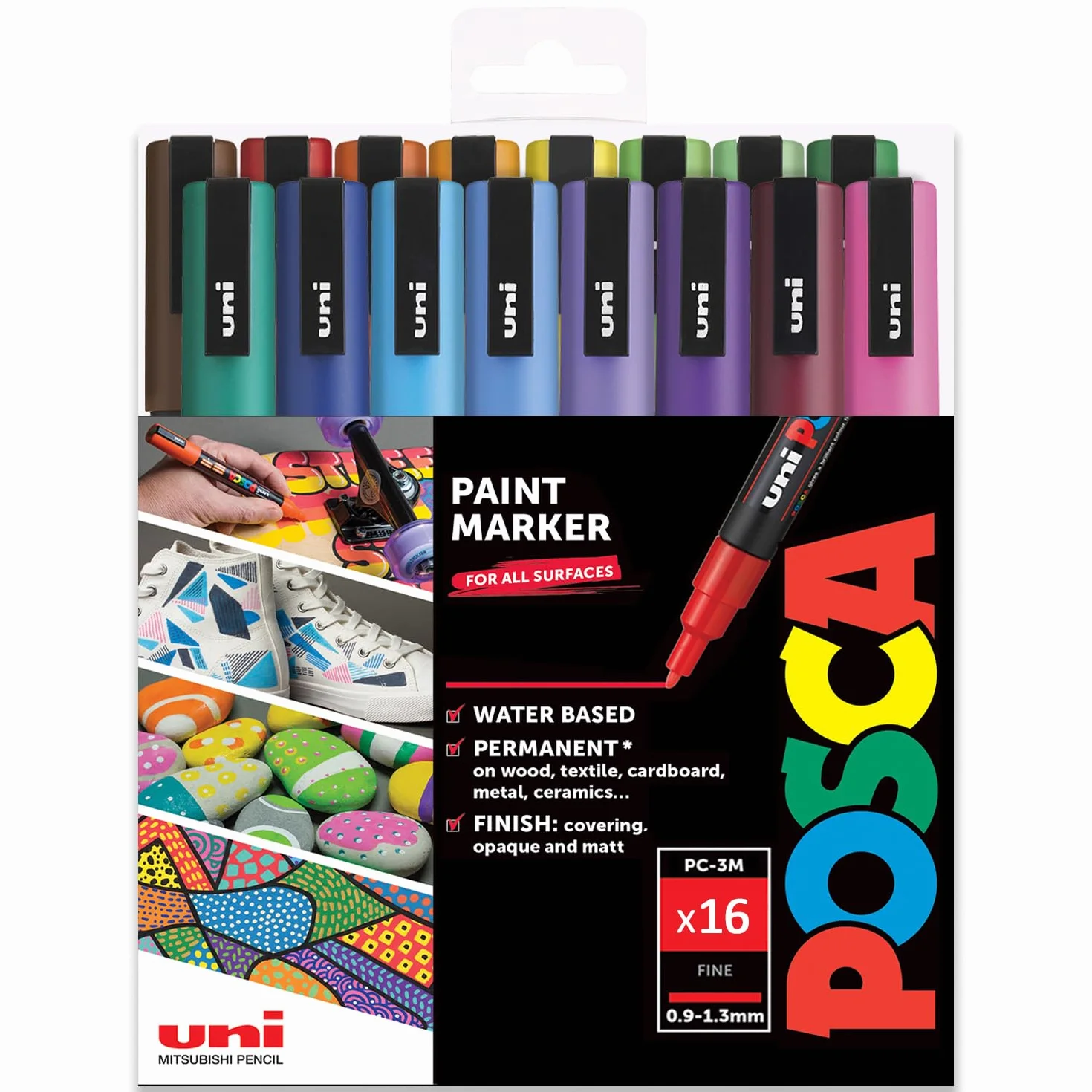 Posca Marker permanentny na bazie wody – do zastosowania na wielu powierzchniach – PC-3M 0,9–1,3 mm drobny – zestaw 16 długopisów w plastikowym portfelu upominkowym – pełne spektrum
