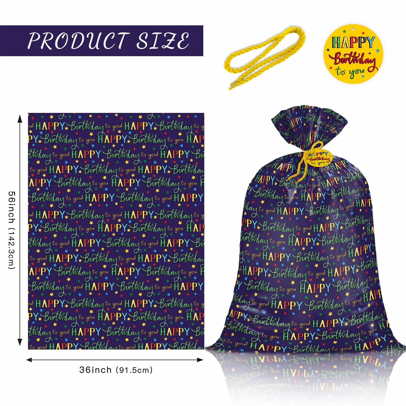 Loveinside Duża plastikowa torba na prezent urodzinowy 142 cm - kolorowe litery z okazji urodzin i wzór gwiazd na urodziny dzieci, imprezy, świętowanie lub na każdą okazję - 142 x 91 cm