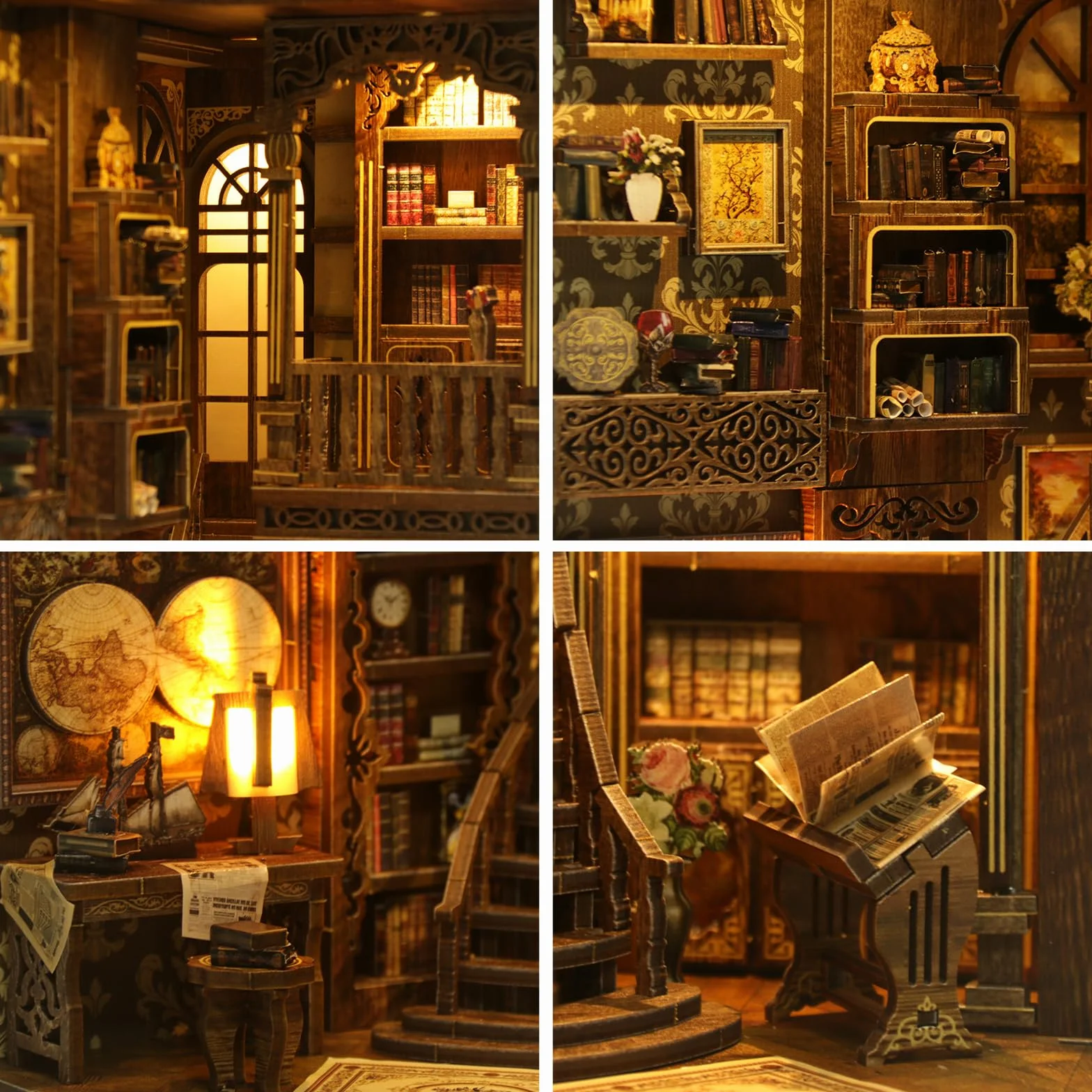 Tecnock Zestaw do samodzielnego wykonania, miniaturowy zestaw domków dla dorosłych i nastolatków, antyczna scena biblioteczna, dekoracja z przełącznikiem dotykowym, drewniane puzzle 3D, prezent dla
